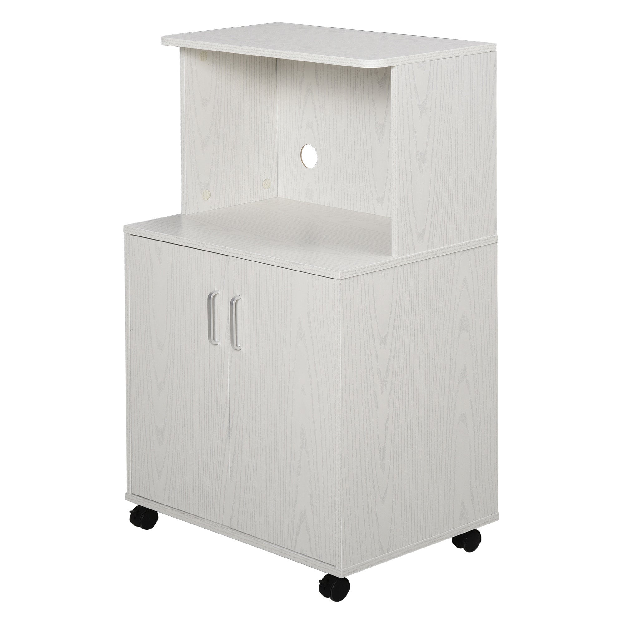 Microwave Sideboard Kitchen Cabinet with 2 Doors and Adjustable Shelf with Wheels Load 70 kg 60.4x40.3x97 cm White