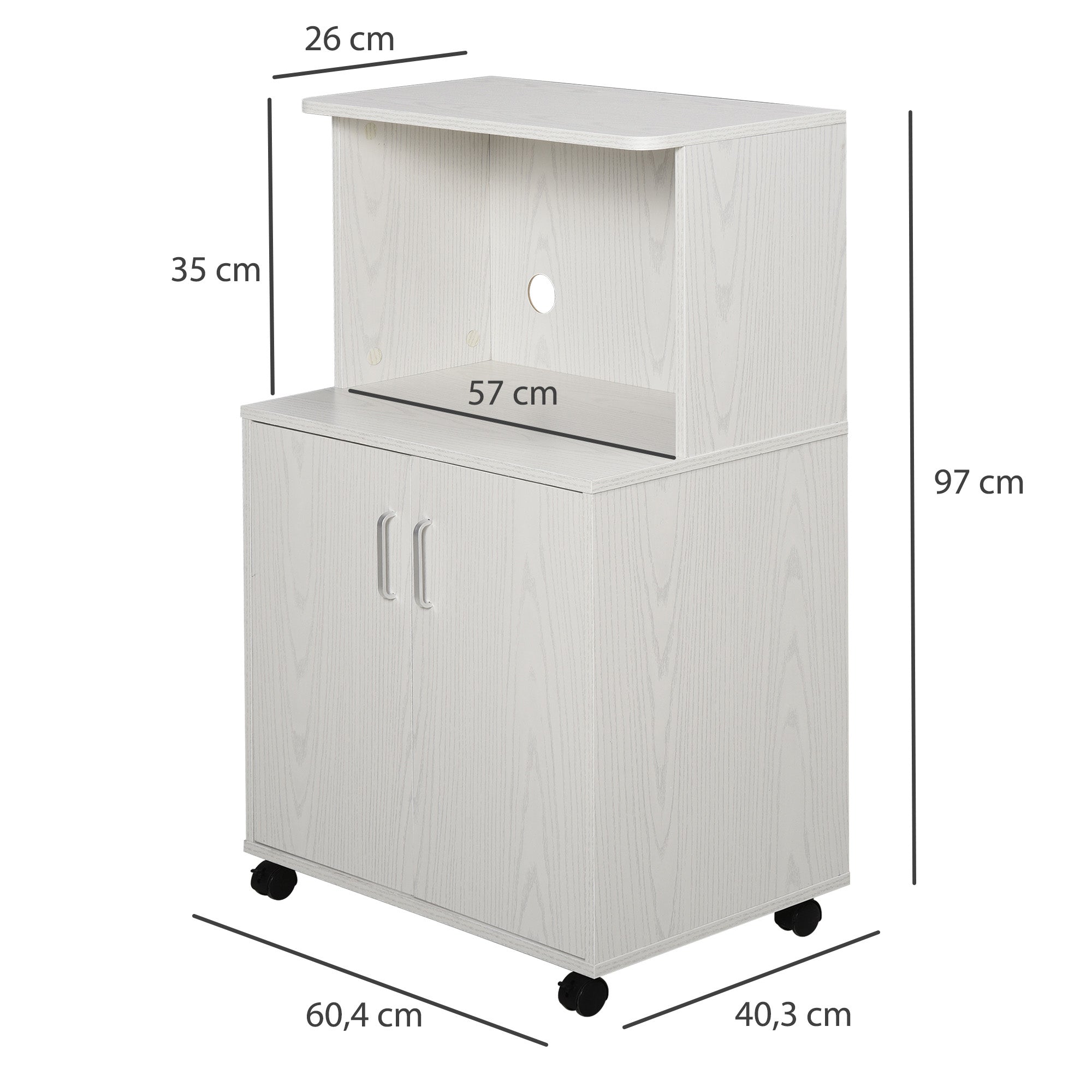 Microwave Sideboard Kitchen Cabinet with 2 Doors and Adjustable Shelf with Wheels Load 70 kg 60.4x40.3x97 cm White