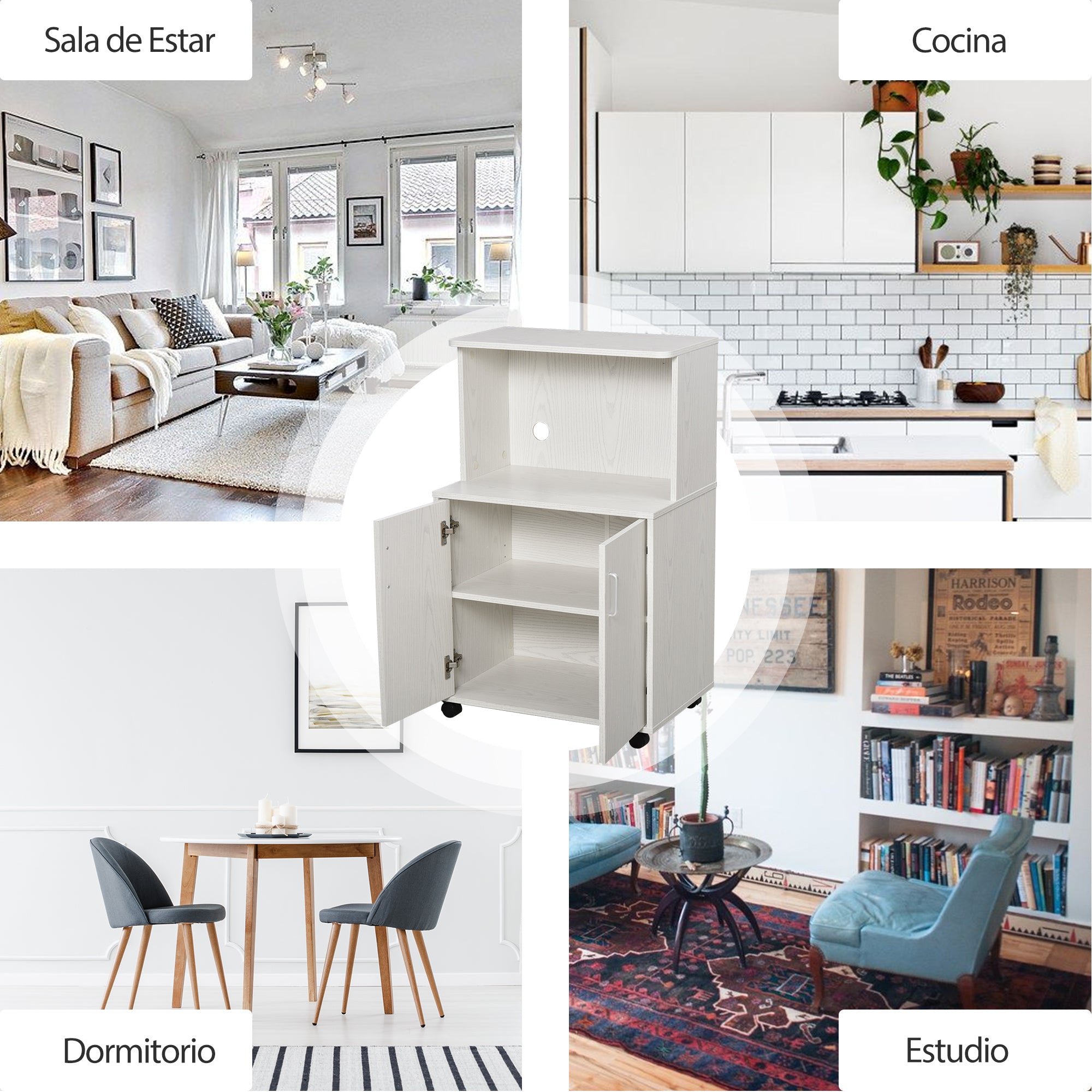 Microwave Sideboard Kitchen Cabinet with 2 Doors and Adjustable Shelf with Wheels Load 70 kg 60.4x40.3x97 cm White