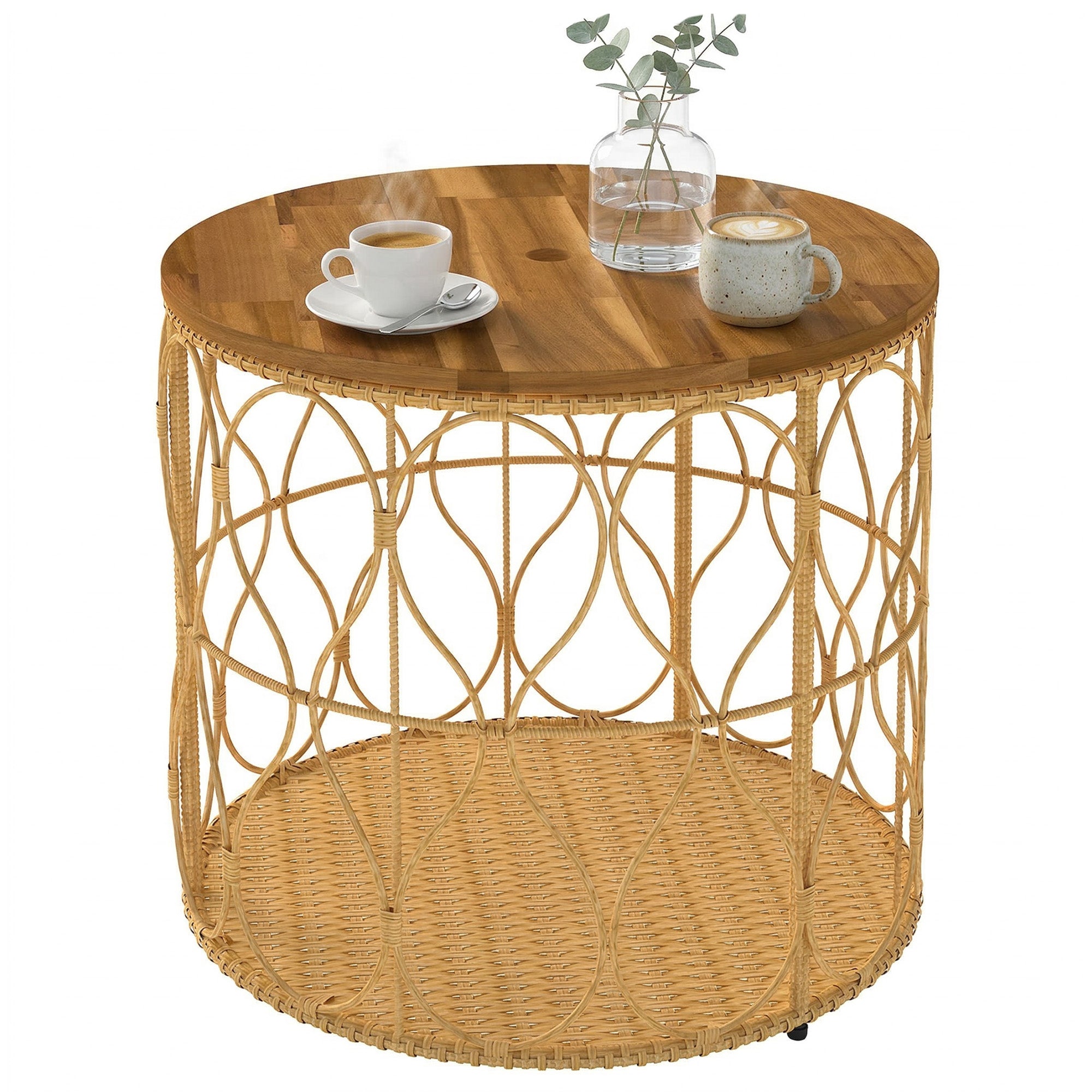 Side Table, 19.7-inch Round Weatherproof Garden Table with Rattan Look, Acacia Wood Top, Adjustable Feet, 176 lb Capacity, Bistro Table for Garden Terrace Balcony — Teak