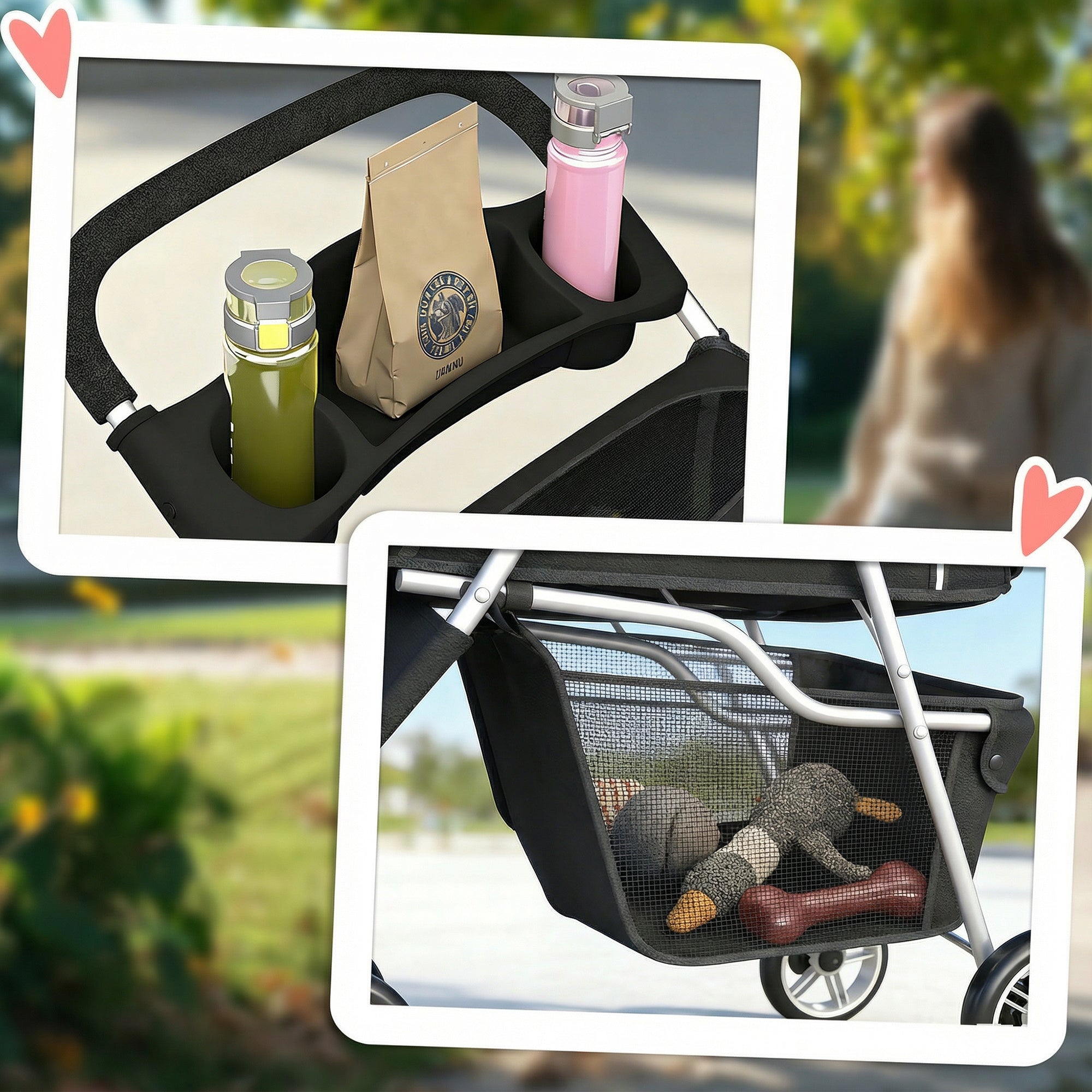 Foldable Pet Stroller — Collapsible Dog & Cat Buggy up to 22 lb with Storage Basket, Cushion, Mesh Windows, Cup Holder, 3 Wheels, Black