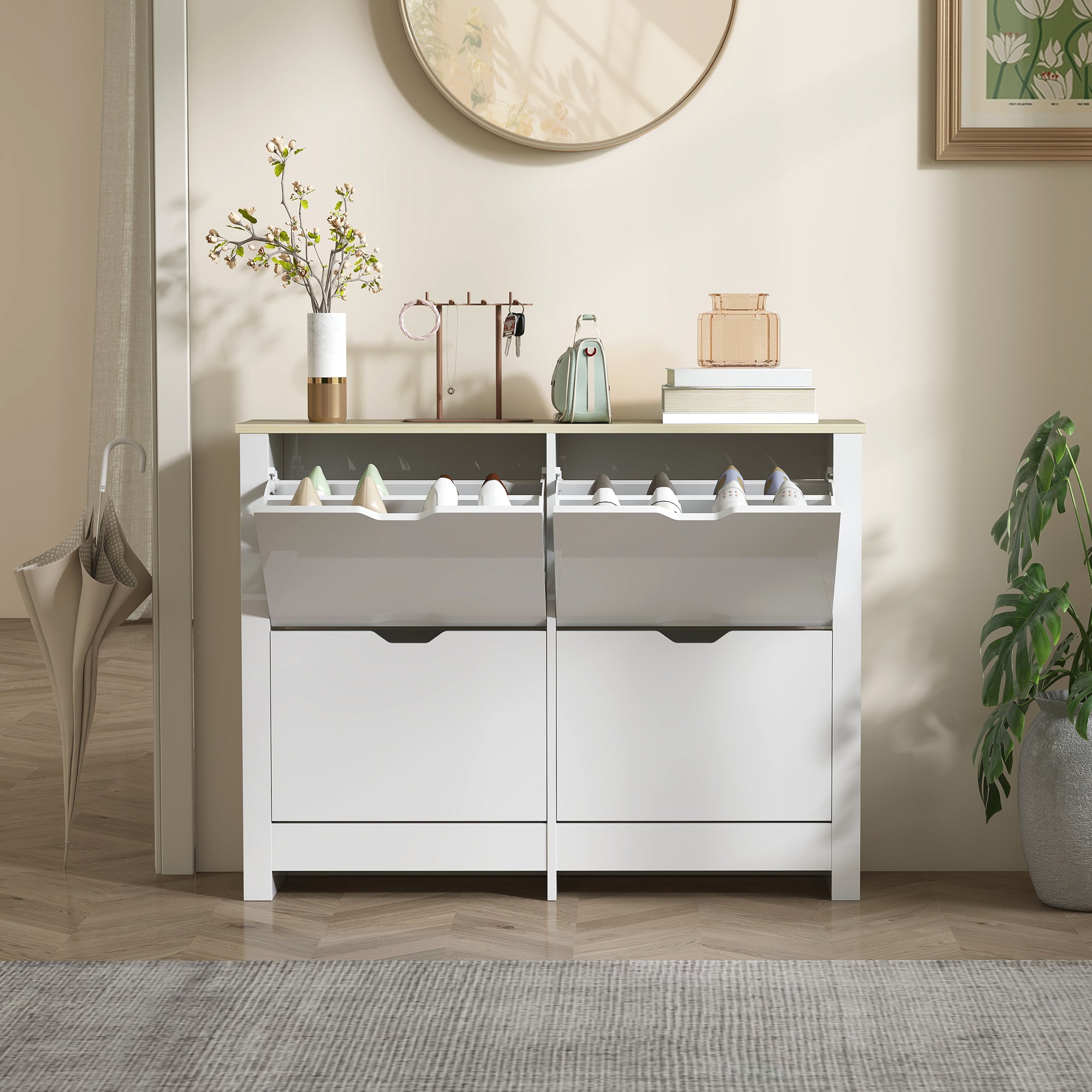 Slim Shoe Cabinet with 4 Flip Doors – Space-Saving Shoe Rack for Up to 16 Pairs, 105 x 26 x 80 cm (White/Natural)