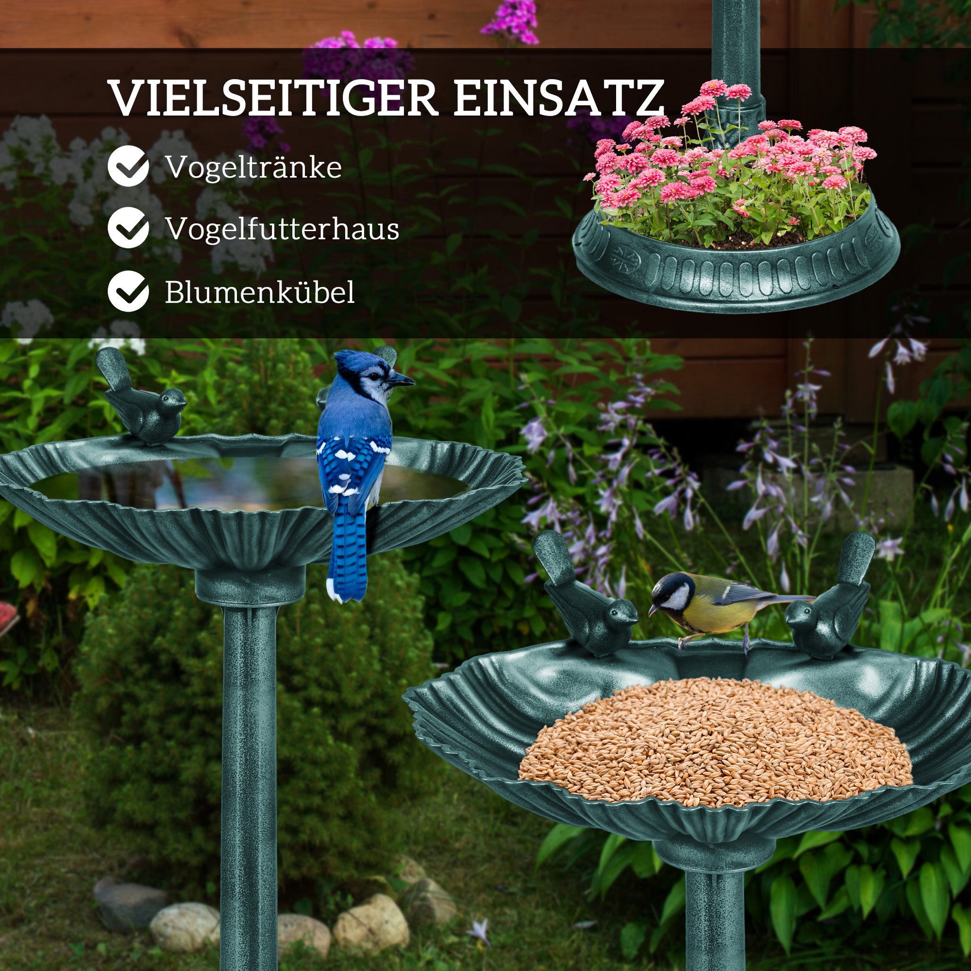 Standing Bird Bath, Plastic Bird Bath, Frost-Proof Bird Basin, Winter-Proof Watering Hole for Wild Birds, Water Tray, Watering Spot for Garden Patio 49.5 x 38 x 81 cm, Dark Green