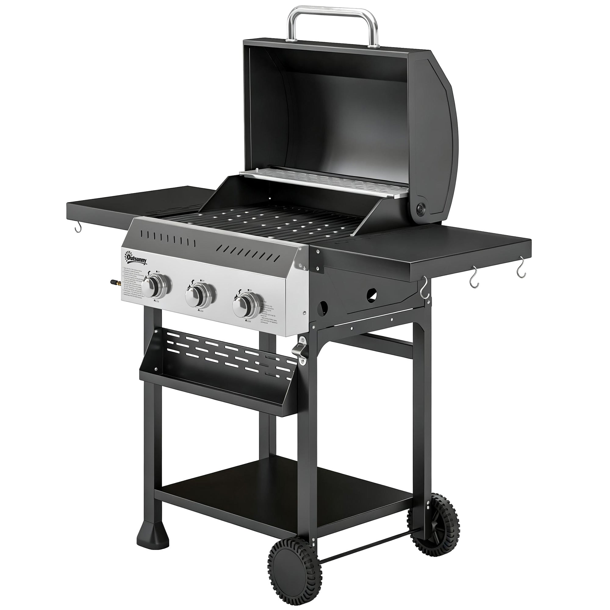9 kW (≈30,700 BTU) 3-Burner Stainless Steel Gas Grill Cart — Foldable Side Shelves, Spice Rack, Warming Rack, Enamel Grates, Wheels