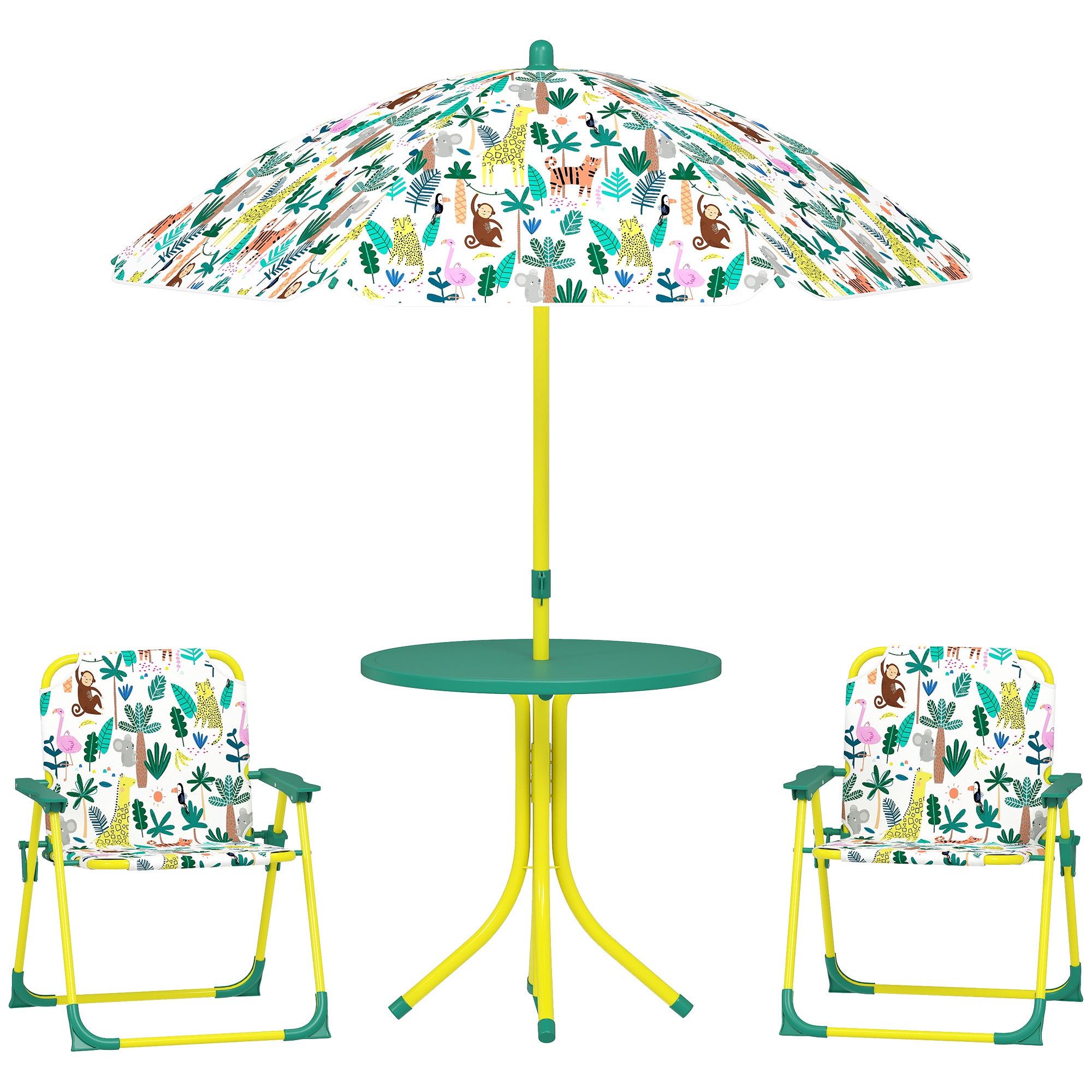 4-Piece Children's Garden Table & Chairs — Folding Kids Table with Detachable Umbrella, Jungle Design, Green