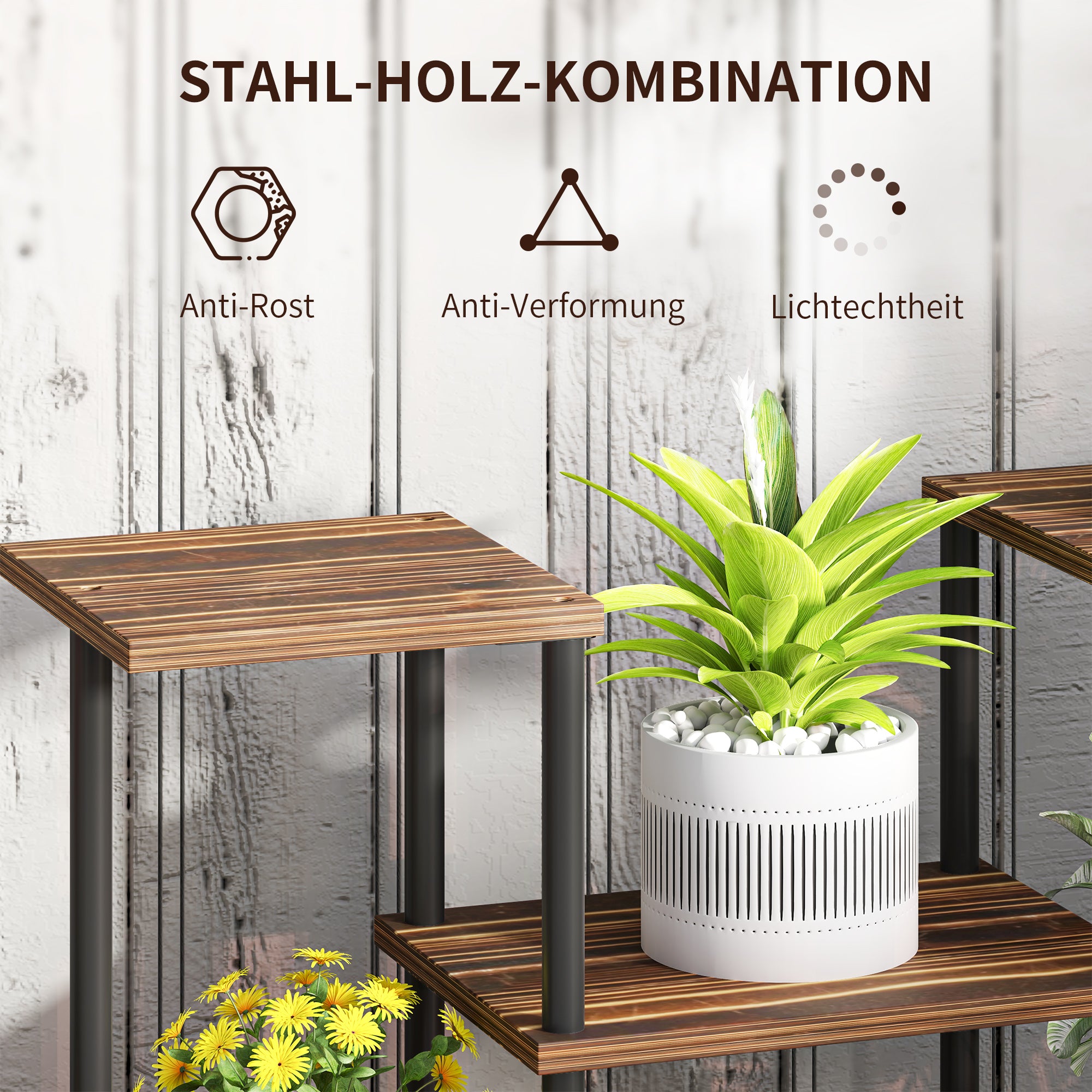 4-Tier Plant Stand, 61.5 cm High Flower Stand for Indoor Outdoor, Wooden Plant Shelf, Multi-level Flower Stand, Flower Step Plant Stand for Living Room, Garden Balcony, Charcoal