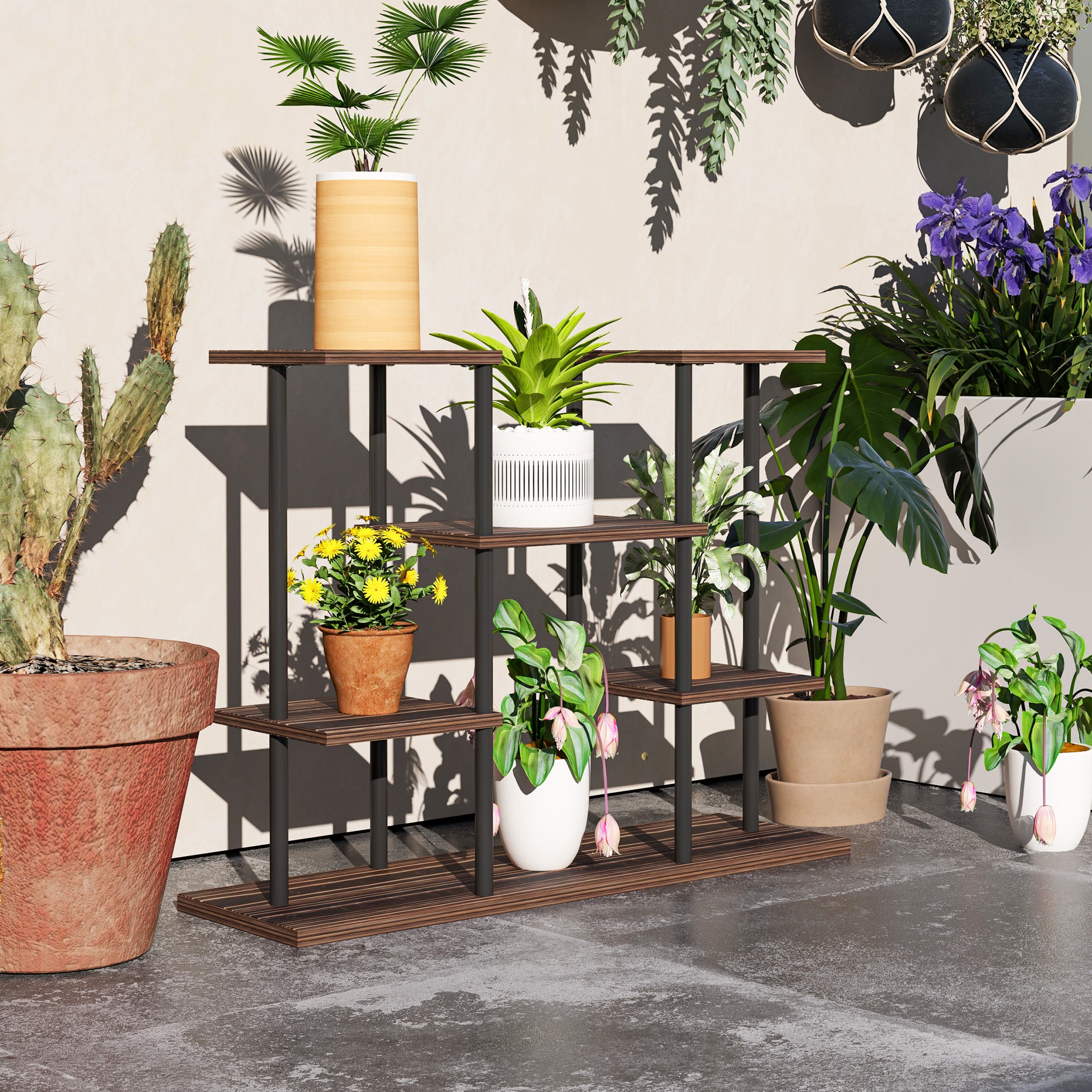 4-Tier Plant Stand, 61.5 cm High Flower Stand for Indoor Outdoor, Wooden Plant Shelf, Multi-level Flower Stand, Flower Step Plant Stand for Living Room, Garden Balcony, Charcoal
