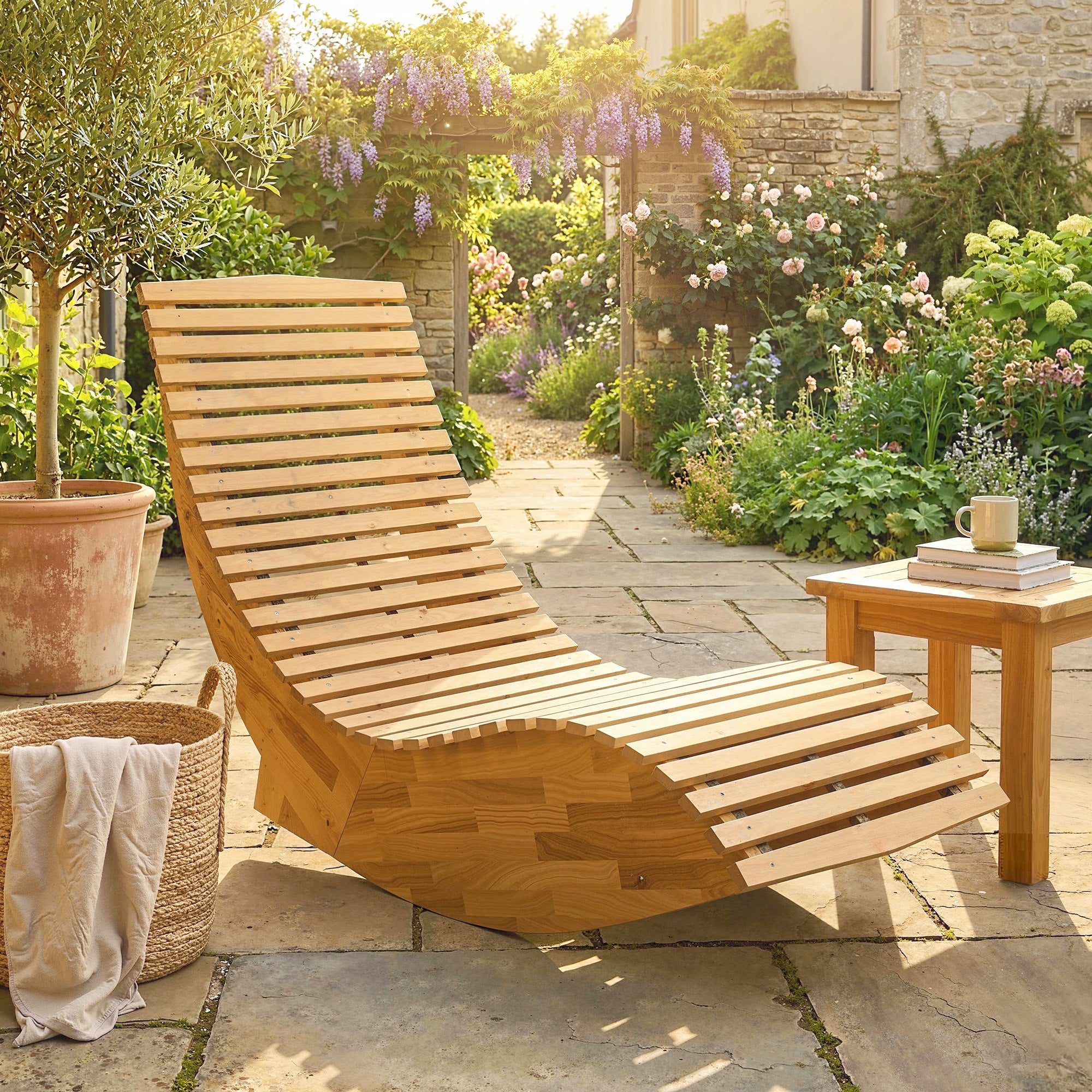 Folding Acacia Wood Sun Lounger — Ergonomic S-Shape Slatted Design, Folding Outdoor Rocking Daybed for Garden, Balcony & Patio, Up to 265 lb (60 x 156 x 77 cm / 23.6 x 61.4 x 30.3 in)