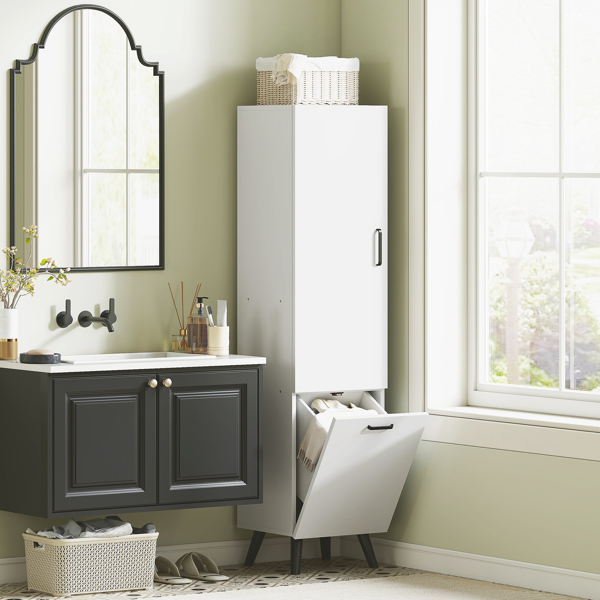 Tall Bathroom Cabinet with Laundry Basket Narrow Bathroom Column with Door and Shelves Auxiliary Furniture for Living Room Kitchen 13.78x12.4x56.69 inches White