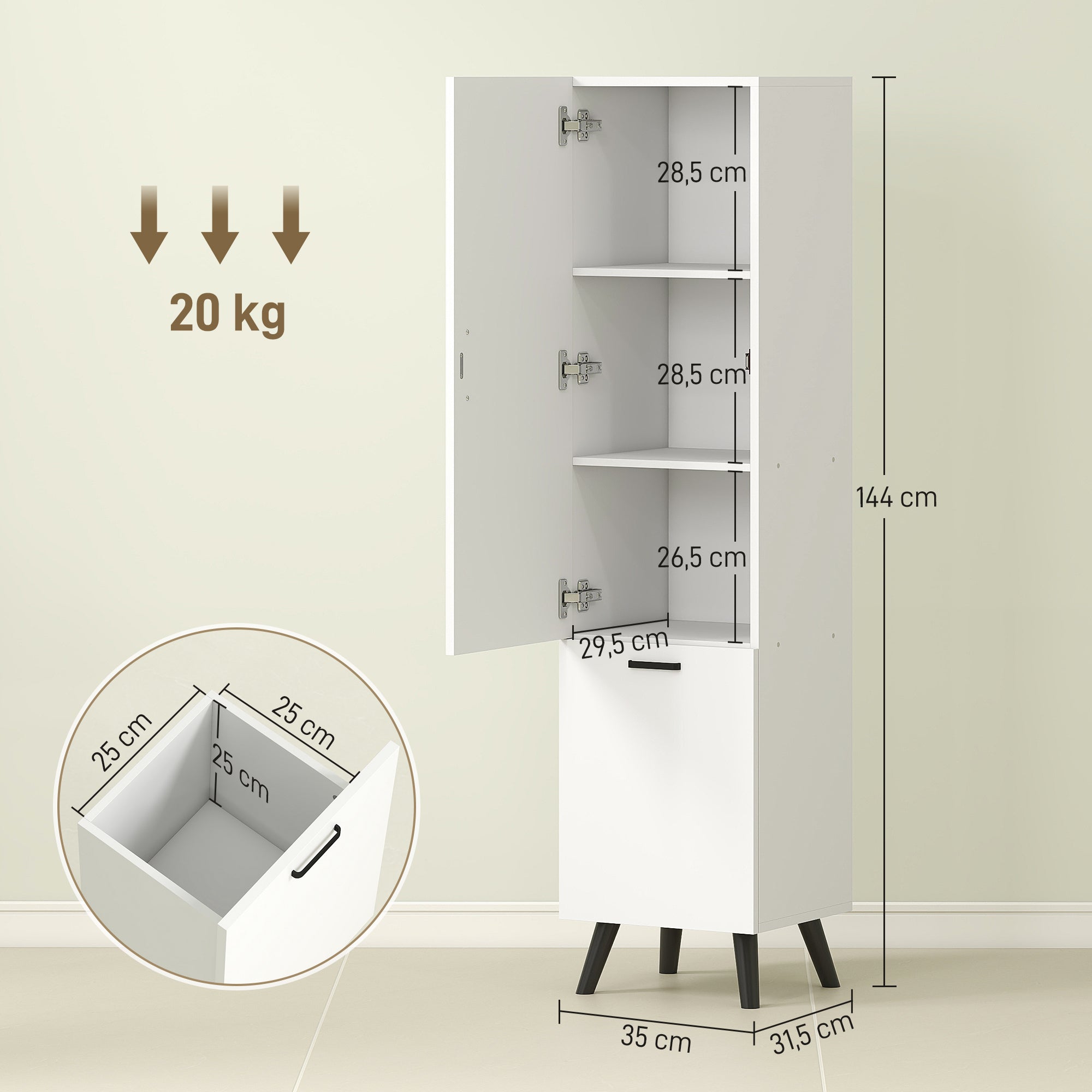 Tall Bathroom Cabinet with Laundry Basket Narrow Bathroom Column with Door and Shelves Auxiliary Furniture for Living Room Kitchen 13.78x12.4x56.69 inches White