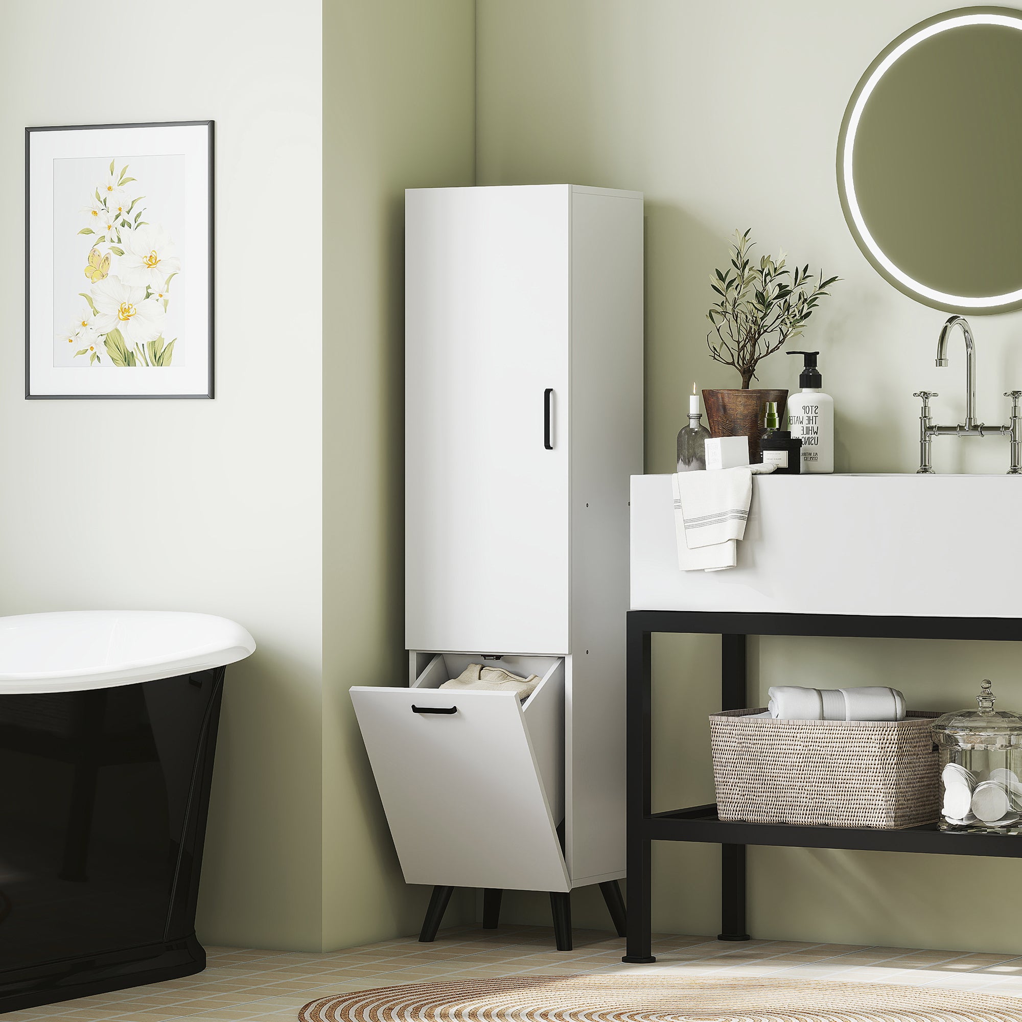 Tall Bathroom Cabinet with Laundry Basket Narrow Bathroom Column with Door and Shelves Auxiliary Furniture for Living Room Kitchen 13.78x12.4x56.69 inches White