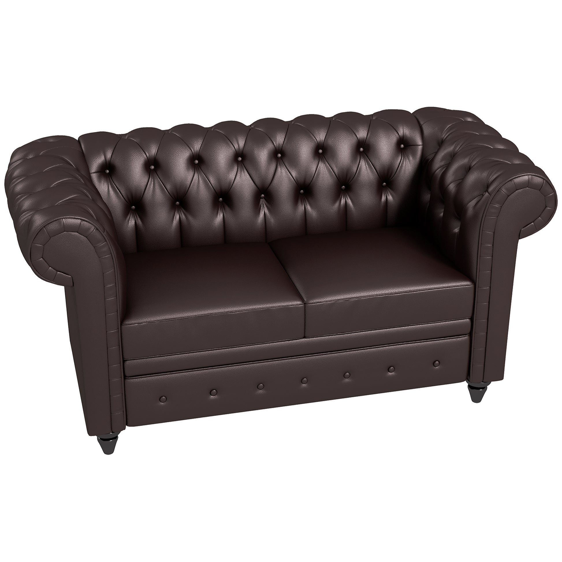 2-Seater Chesterfield Style Faux Leather Sofa, Quilted Loveseat with Arms and Thick Padding, Sofa with Rubber Wood Legs for Living Room and Office, Brown