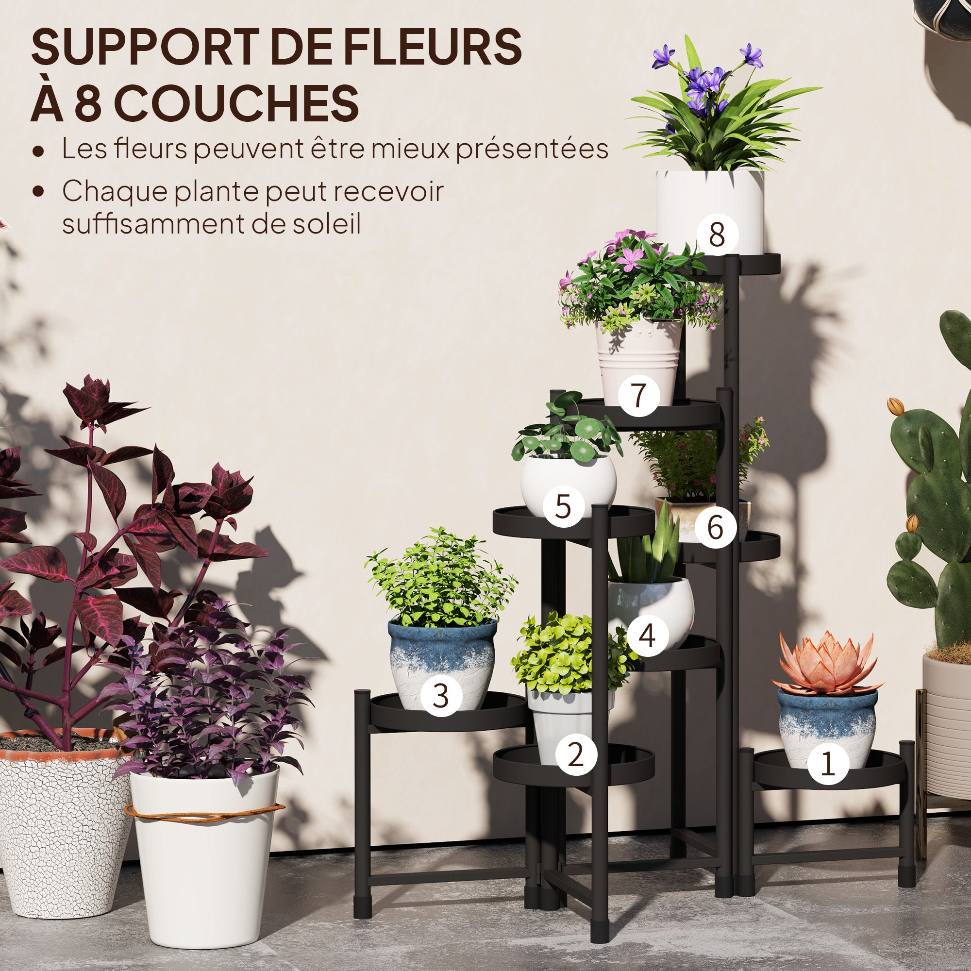 Indoor Plant Stand Steel, 8 Levels, Plant Shelf, Stable Triangular Structure, Foldable Design, Plant Holder, for Terrace Garden Balcony Living Room, Black