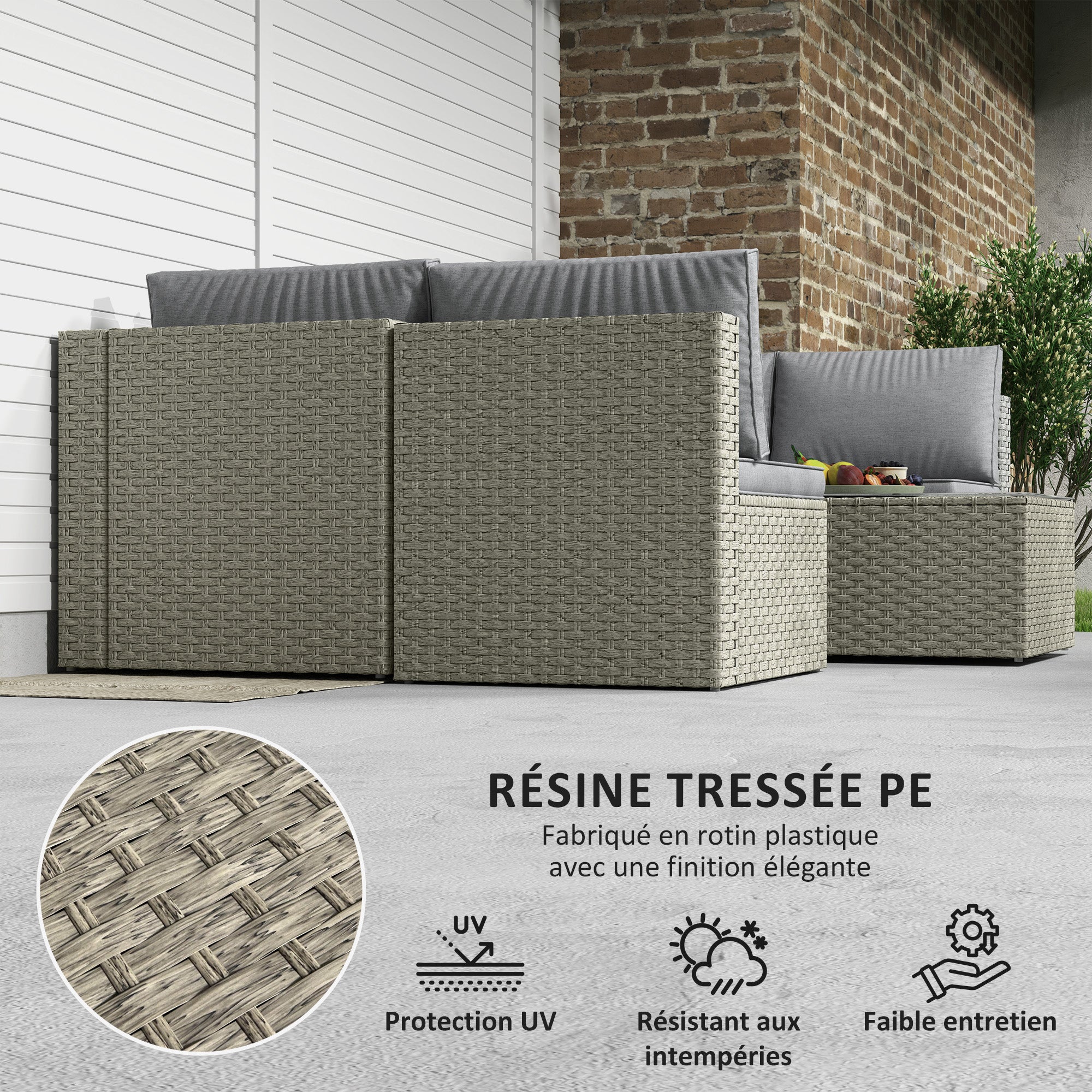Modular Outdoor Garden Furniture Set for 6 People, Balcony Garden Furniture in Woven Resin with Sofas and Tempered Glass Coffee Table Removable Cushions Included for Patio Balcony Terrace, Brown