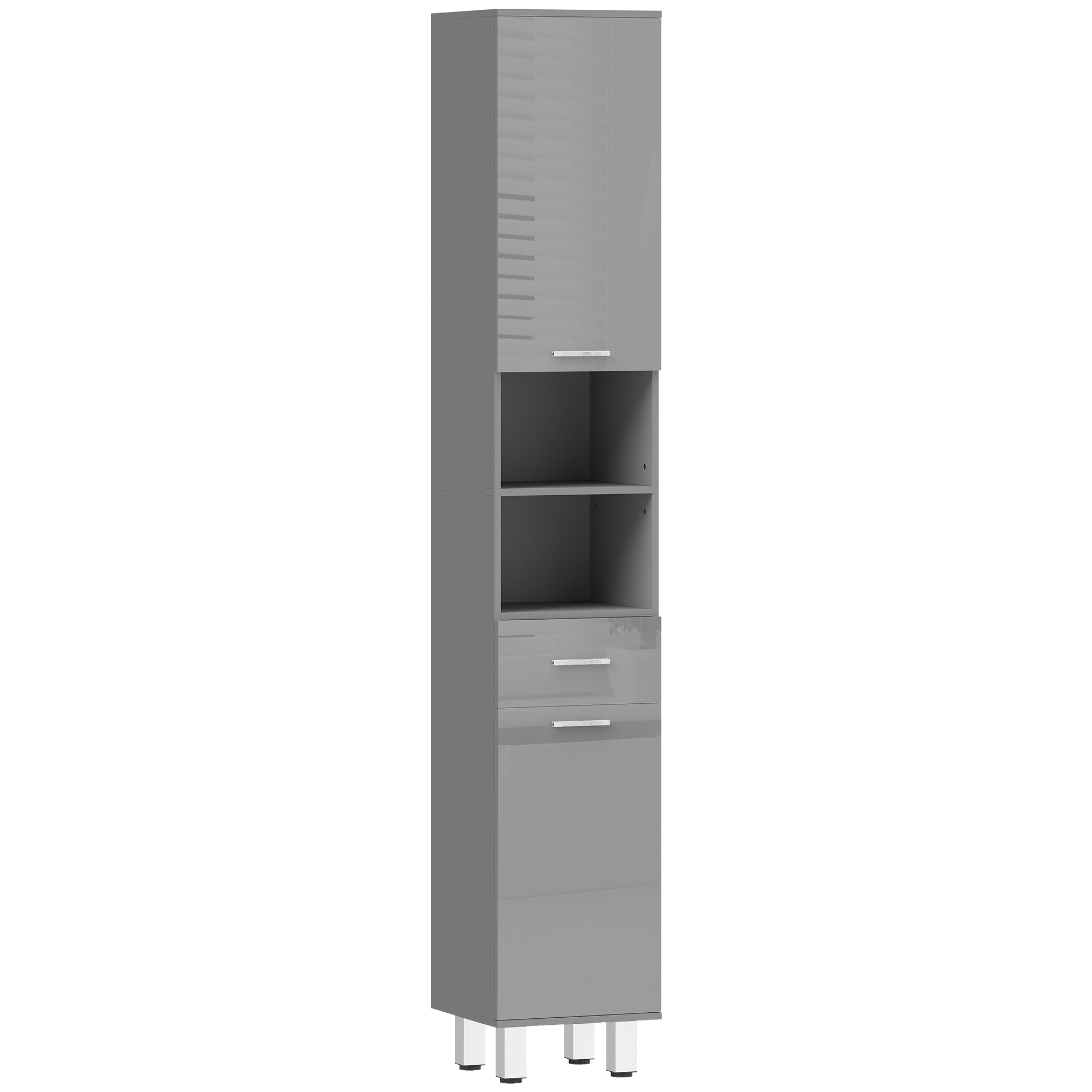 Slim Tall Bathroom Cabinet, High-Gloss Gray Drawer, Adjustable Shelves & 2 Open Compartments — 30 x 30 x 180 cm (11.8 x 11.8 x 70.9 in)