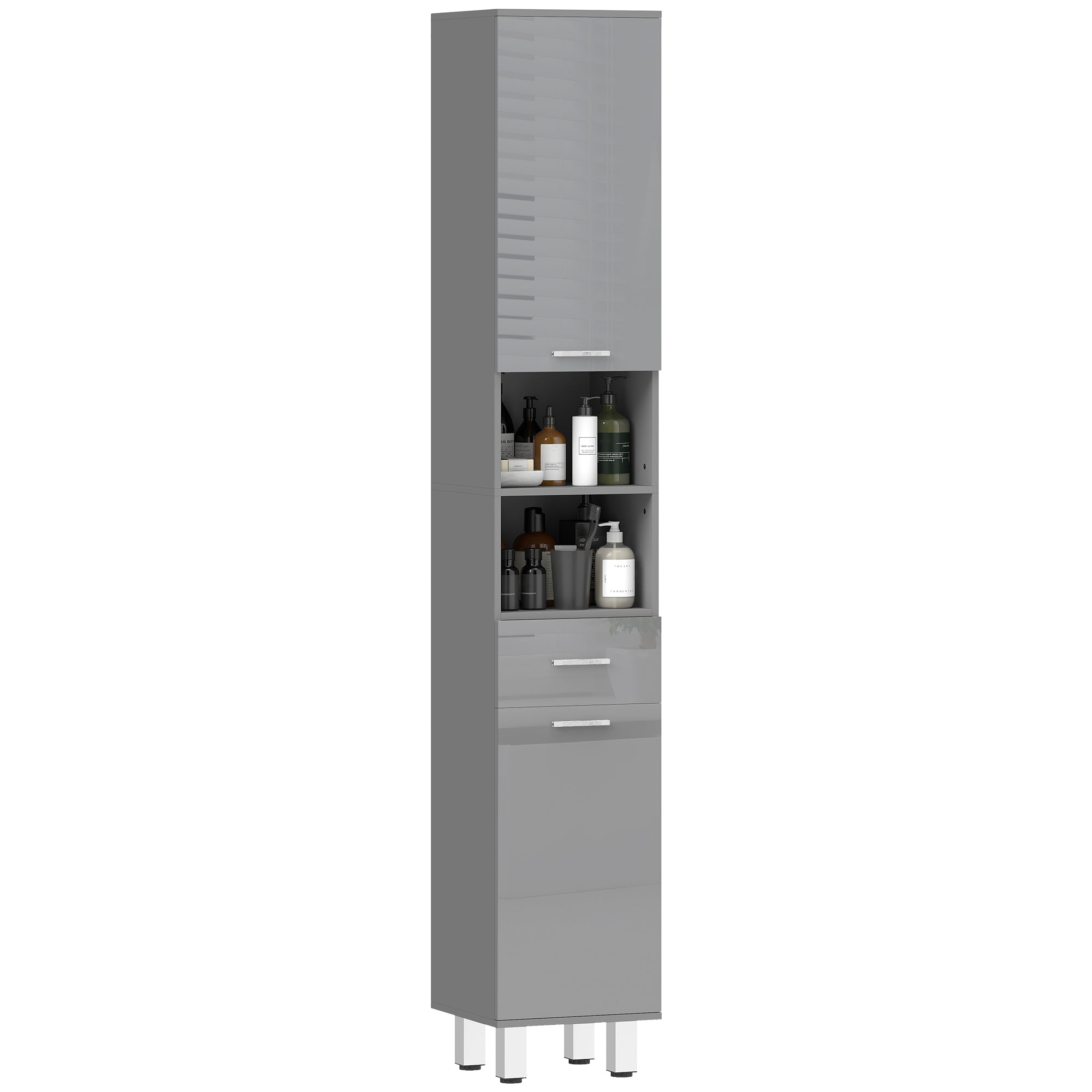 Slim Tall Bathroom Cabinet, High-Gloss Gray Drawer, Adjustable Shelves & 2 Open Compartments — 30 x 30 x 180 cm (11.8 x 11.8 x 70.9 in)