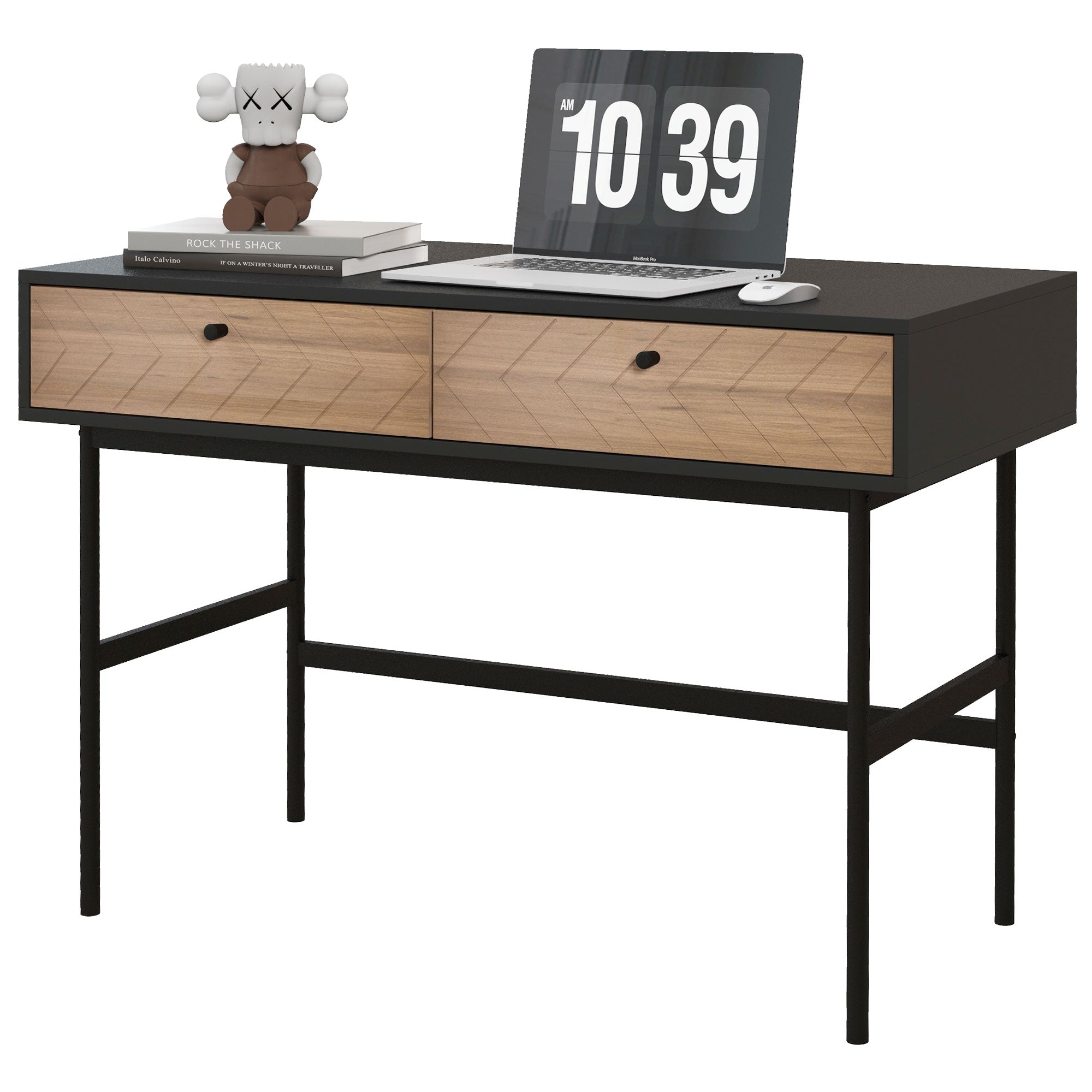 Desk with Storage Computer Desk with Drawers, Metal Frame, 106L x 50W x 77H cm Black