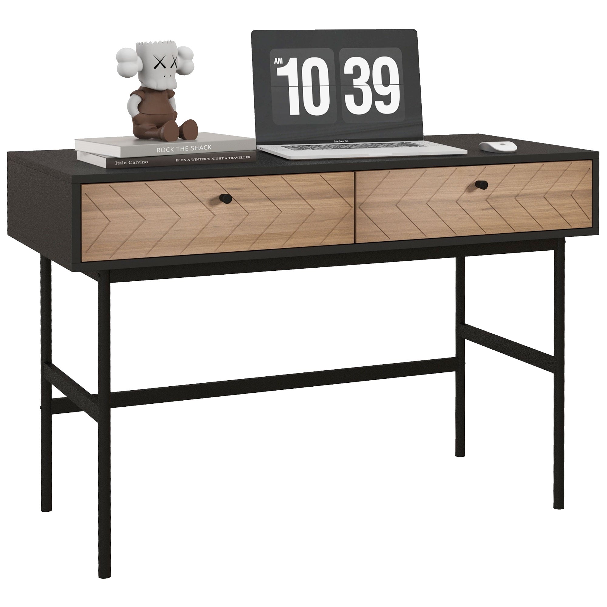 Desk with Storage Computer Desk with Drawers, Metal Frame, 106L x 50W x 77H cm Black