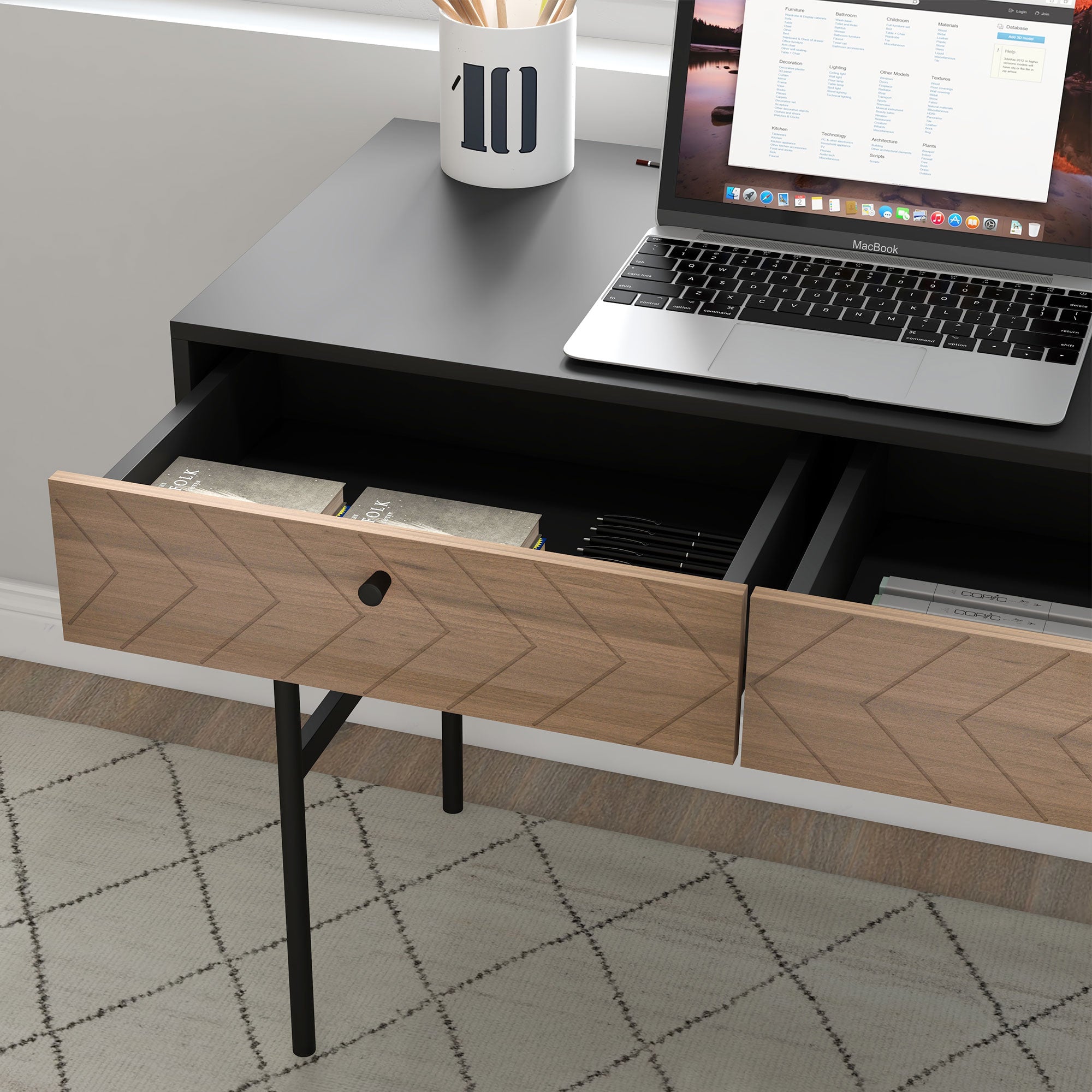 Desk with Storage Computer Desk with Drawers, Metal Frame, 106L x 50W x 77H cm Black