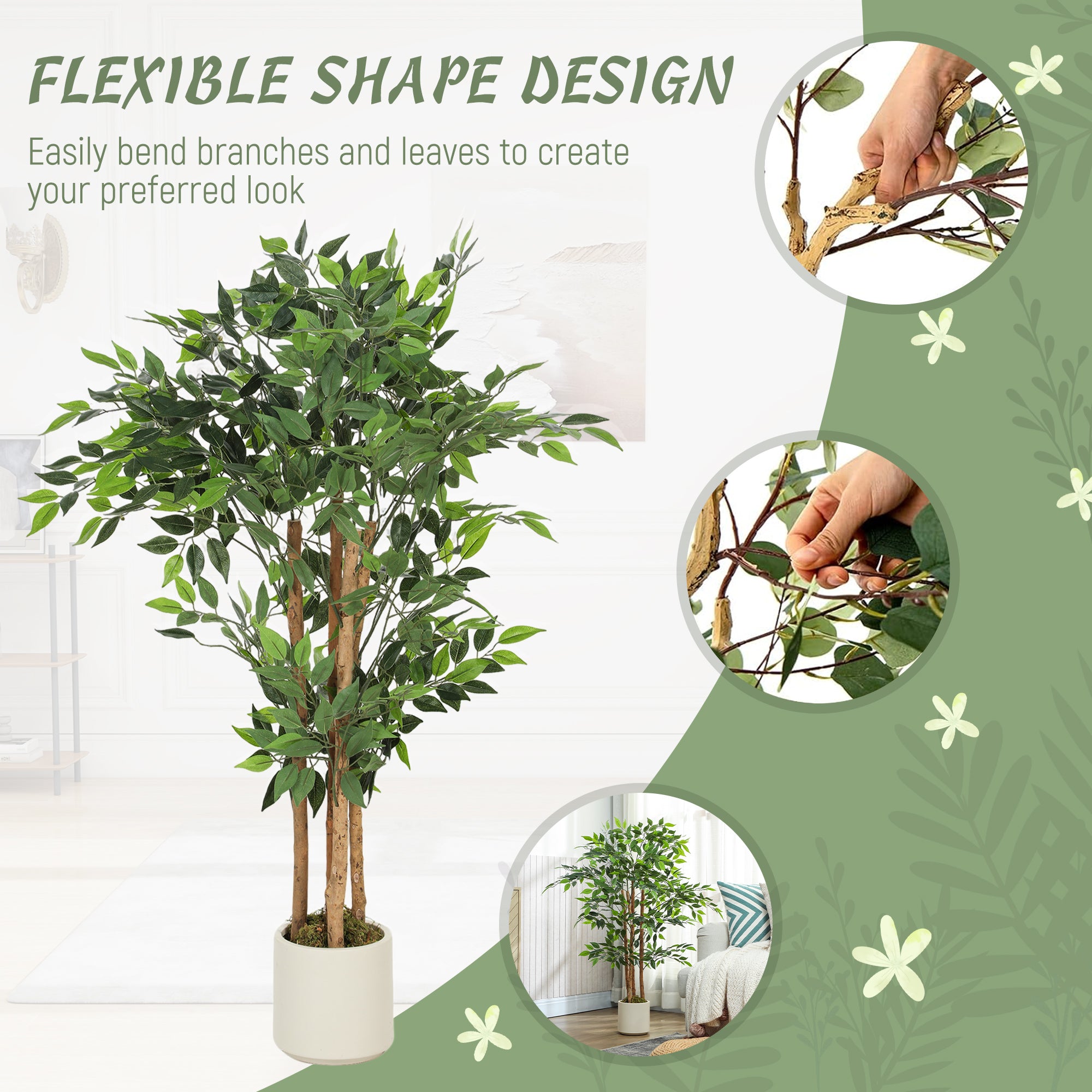Artificial Banyan Tree with Adjustable Branches — White PP & Cement Planter, Realistic PEVA Leaves & Wood Trunk, 47.2 in