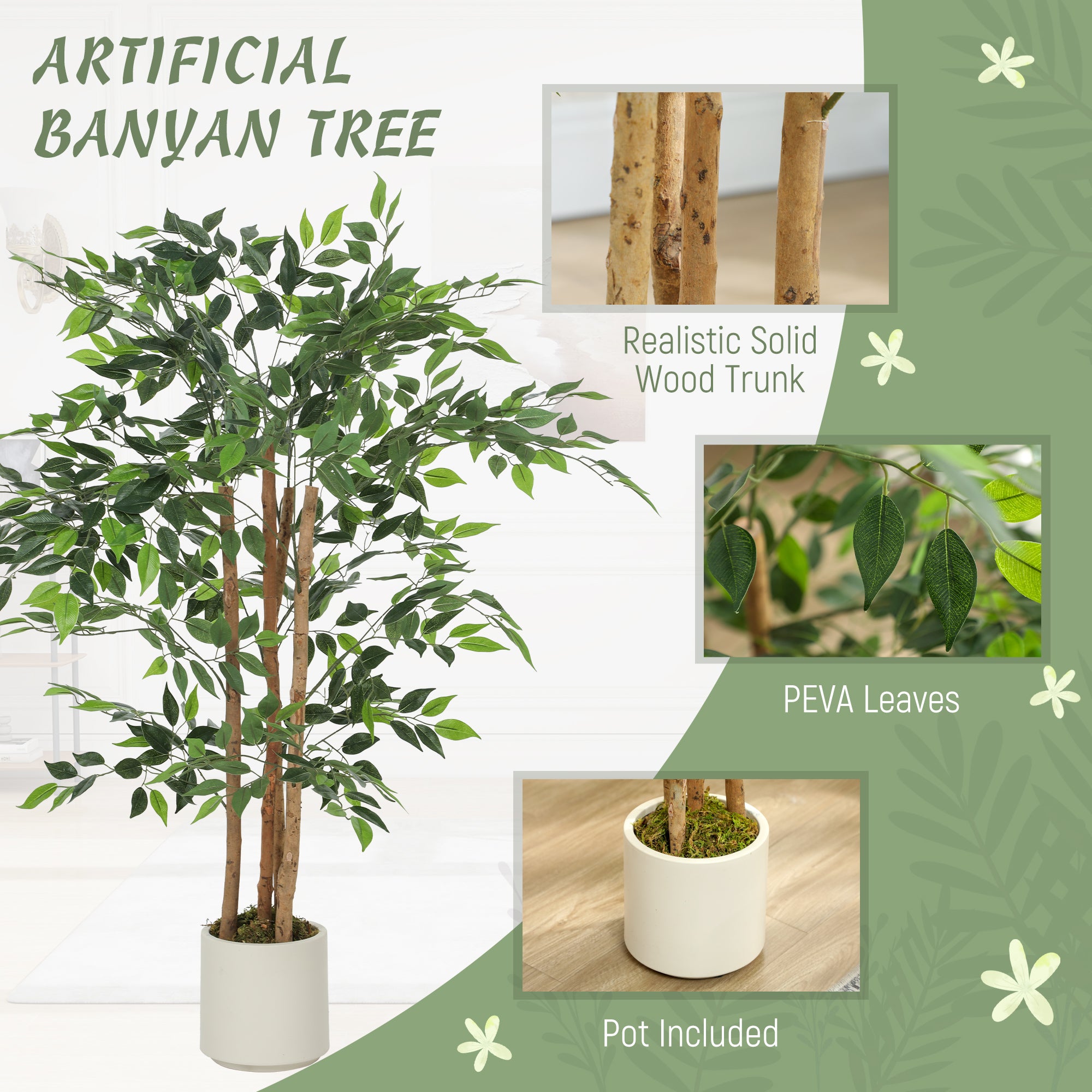 Artificial Banyan Tree with Adjustable Branches — White PP & Cement Planter, Realistic PEVA Leaves & Wood Trunk, 47.2 in