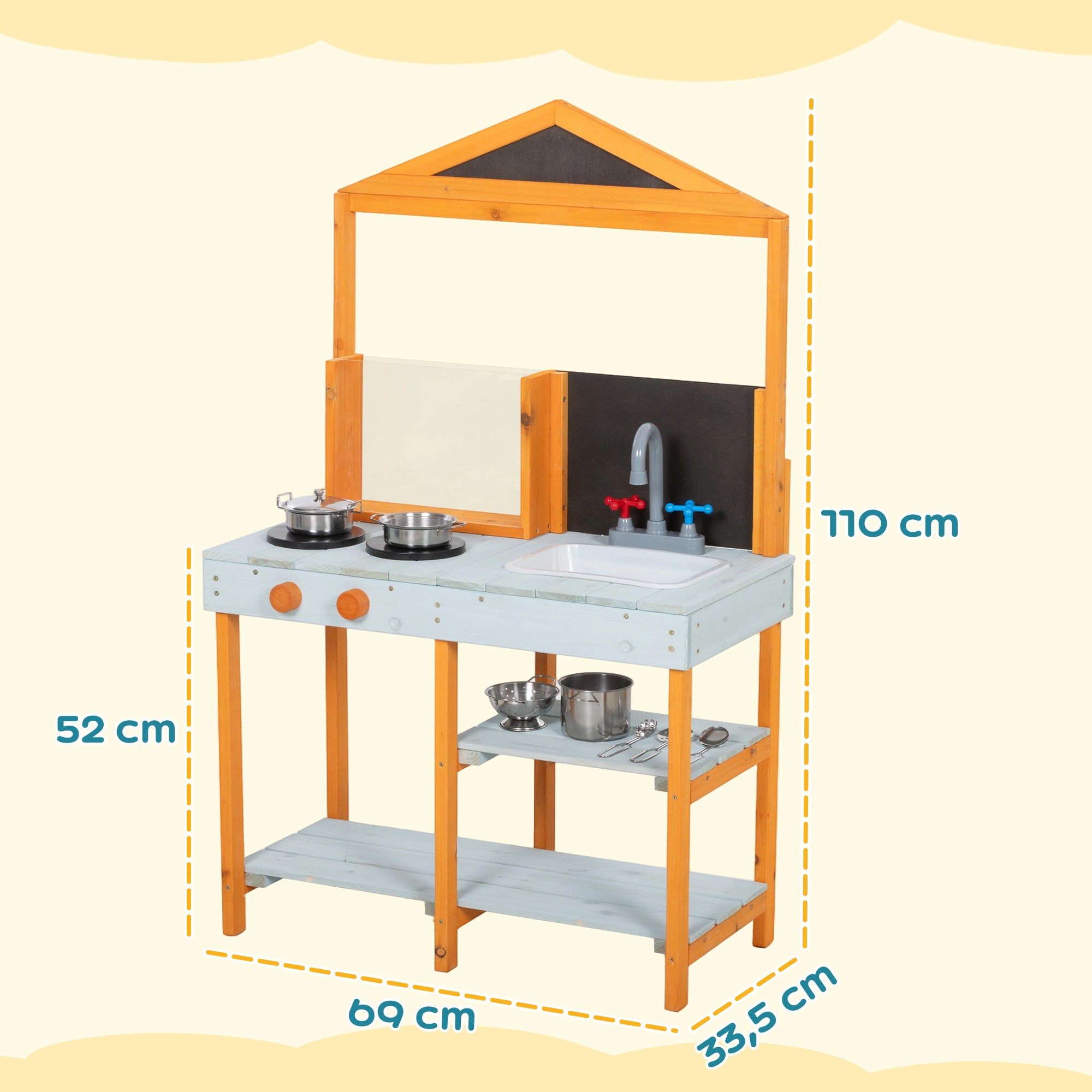 Mud Kitchen Outdoor Play Kitchen, Wooden with Stove, Removable Sink & Shelves—Includes 4 Stainless Bowls & 3 Shovels, Ages 3–8, Light Blue