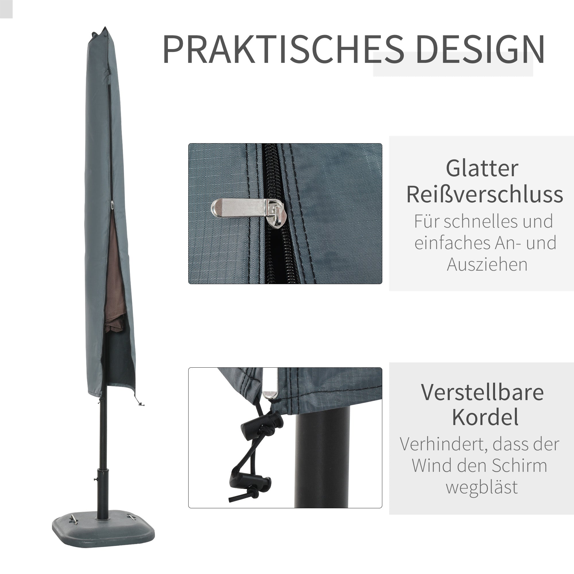 Umbrella Cover Umbrella Protective Cover, Weatherproof, Fixing Strap, Zipper, Oxford Polyester, Gray, 178 x 25/35 cm