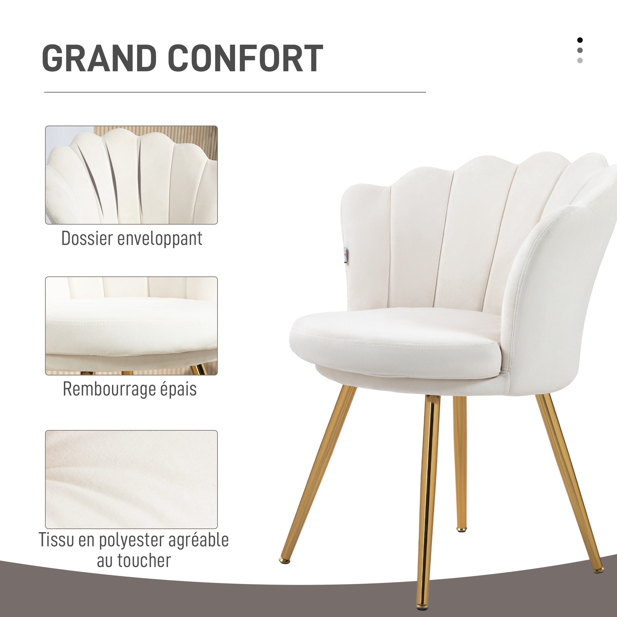 Shell Chair Velvet Dressing Chair Lounge Chair with Golden Metal Legs for Living Room Bedroom and Dining Room 67W x 64D x 77H cm Cream