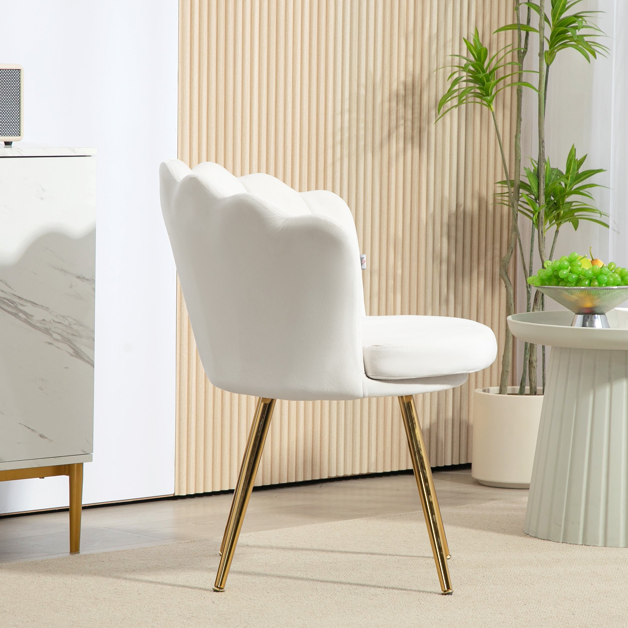 Shell Chair Velvet Dressing Chair Lounge Chair with Golden Metal Legs for Living Room Bedroom and Dining Room 67W x 64D x 77H cm Cream