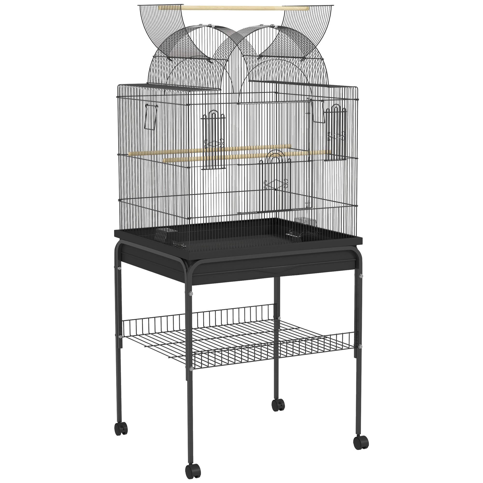 Bird Cage Budgie Cage with Tray, Shelf, Feeding Cups, Parrot Cage with Wheels for Budgie, Canary, Cockatiel, Steel 63 x 53 x 144 cm Black