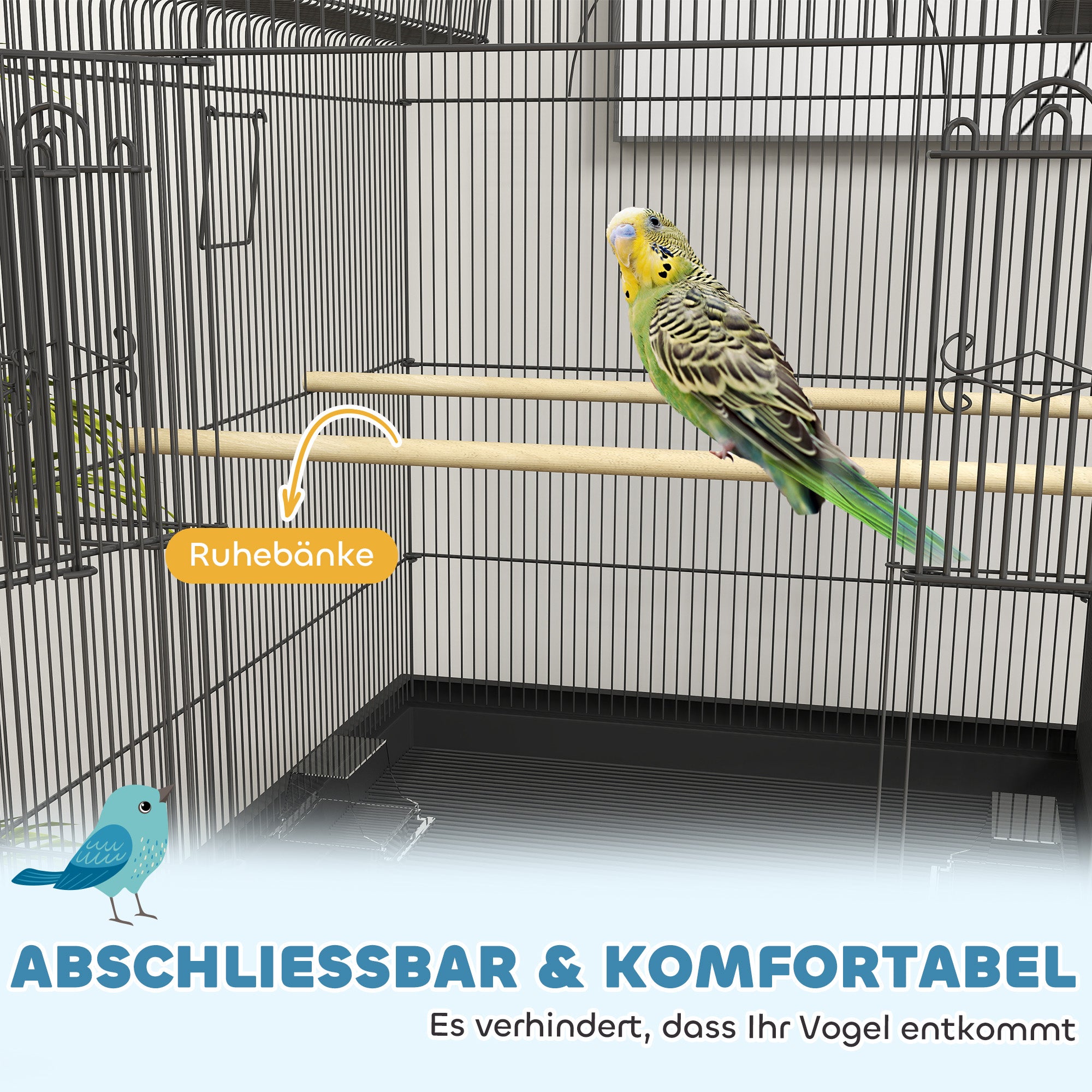 Bird Cage Budgie Cage with Tray, Shelf, Feeding Cups, Parrot Cage with Wheels for Budgie, Canary, Cockatiel, Steel 63 x 53 x 144 cm Black