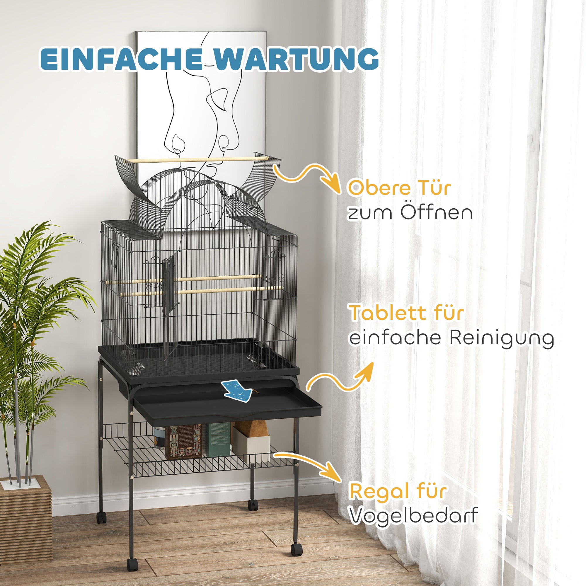 Bird Cage Budgie Cage with Tray, Shelf, Feeding Cups, Parrot Cage with Wheels for Budgie, Canary, Cockatiel, Steel 63 x 53 x 144 cm Black