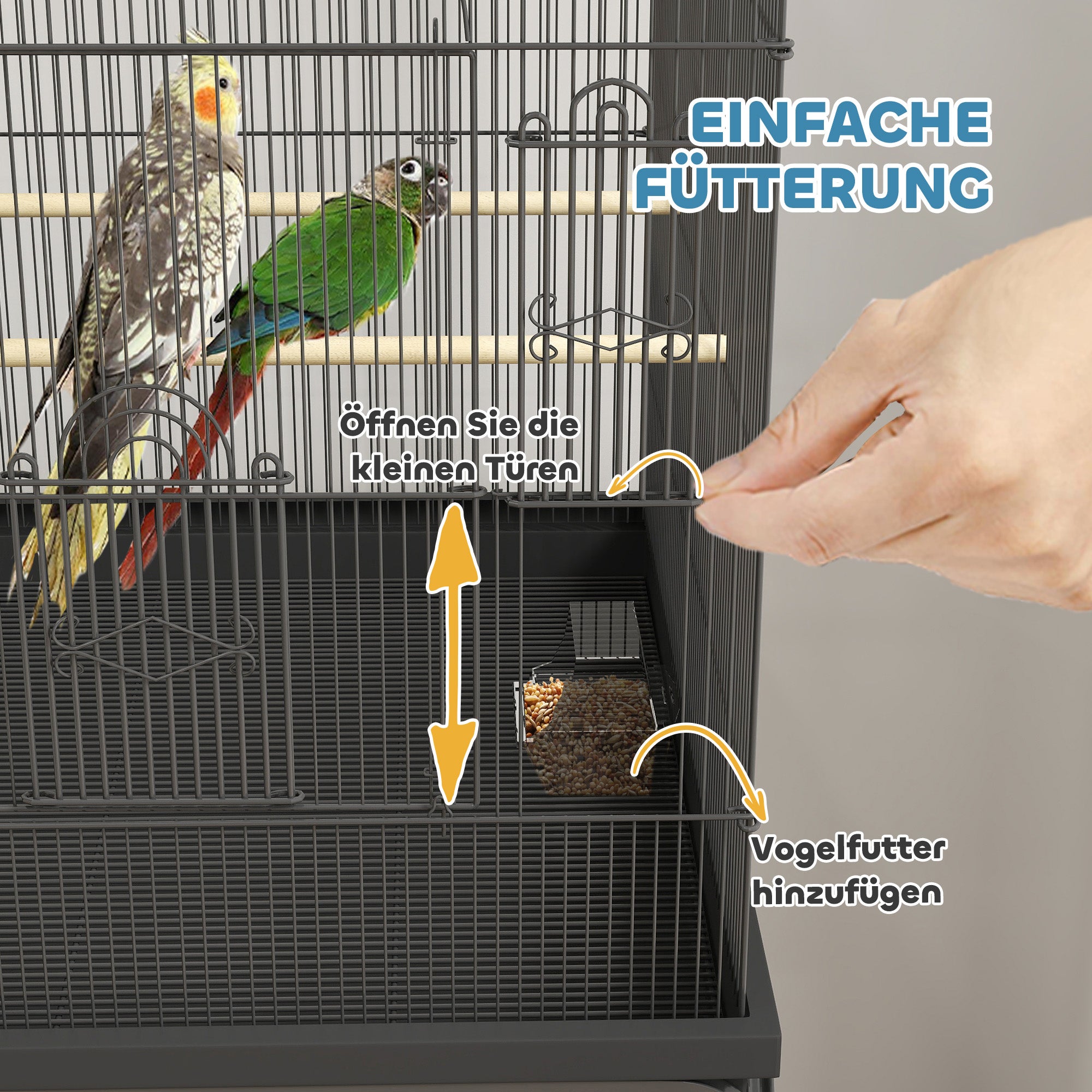 Bird Cage Budgie Cage with Tray, Shelf, Feeding Cups, Parrot Cage with Wheels for Budgie, Canary, Cockatiel, Steel 63 x 53 x 144 cm Black