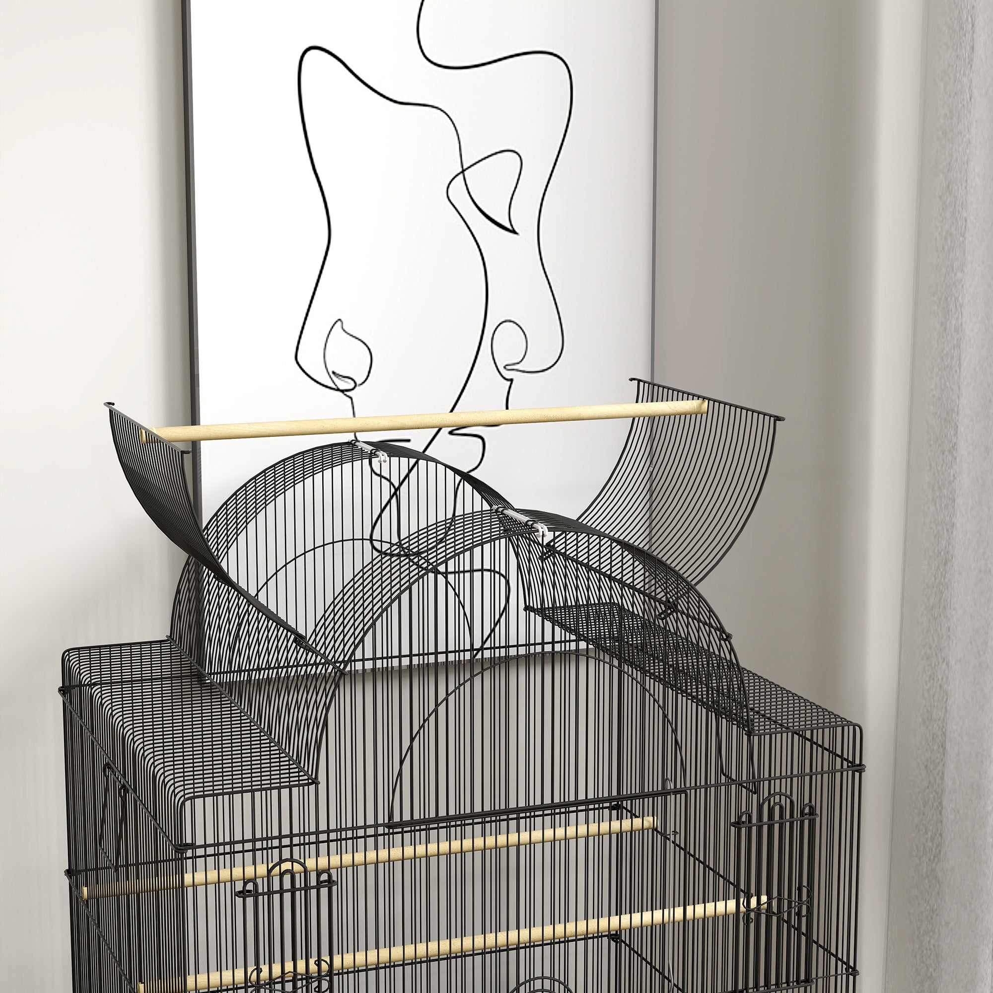 Bird Cage Budgie Cage with Tray, Shelf, Feeding Cups, Parrot Cage with Wheels for Budgie, Canary, Cockatiel, Steel 63 x 53 x 144 cm Black
