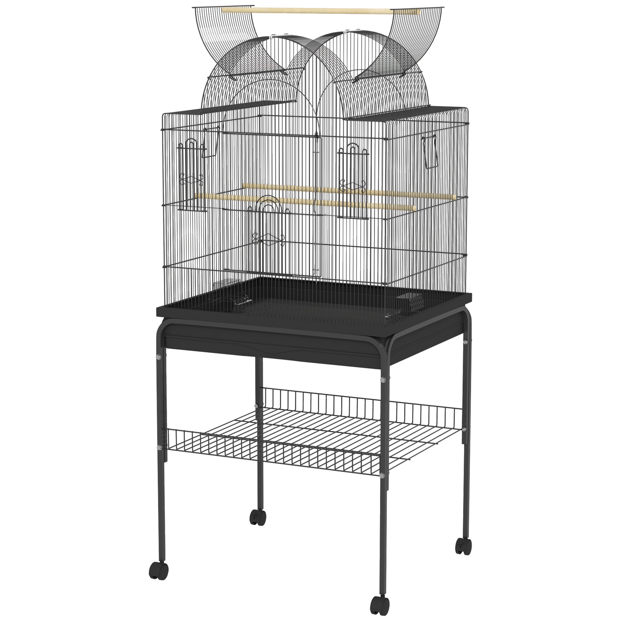 Bird Cage Budgie Cage with Tray, Shelf, Feeding Cups, Parrot Cage with Wheels for Budgie, Canary, Cockatiel, Steel 63 x 53 x 144 cm Black