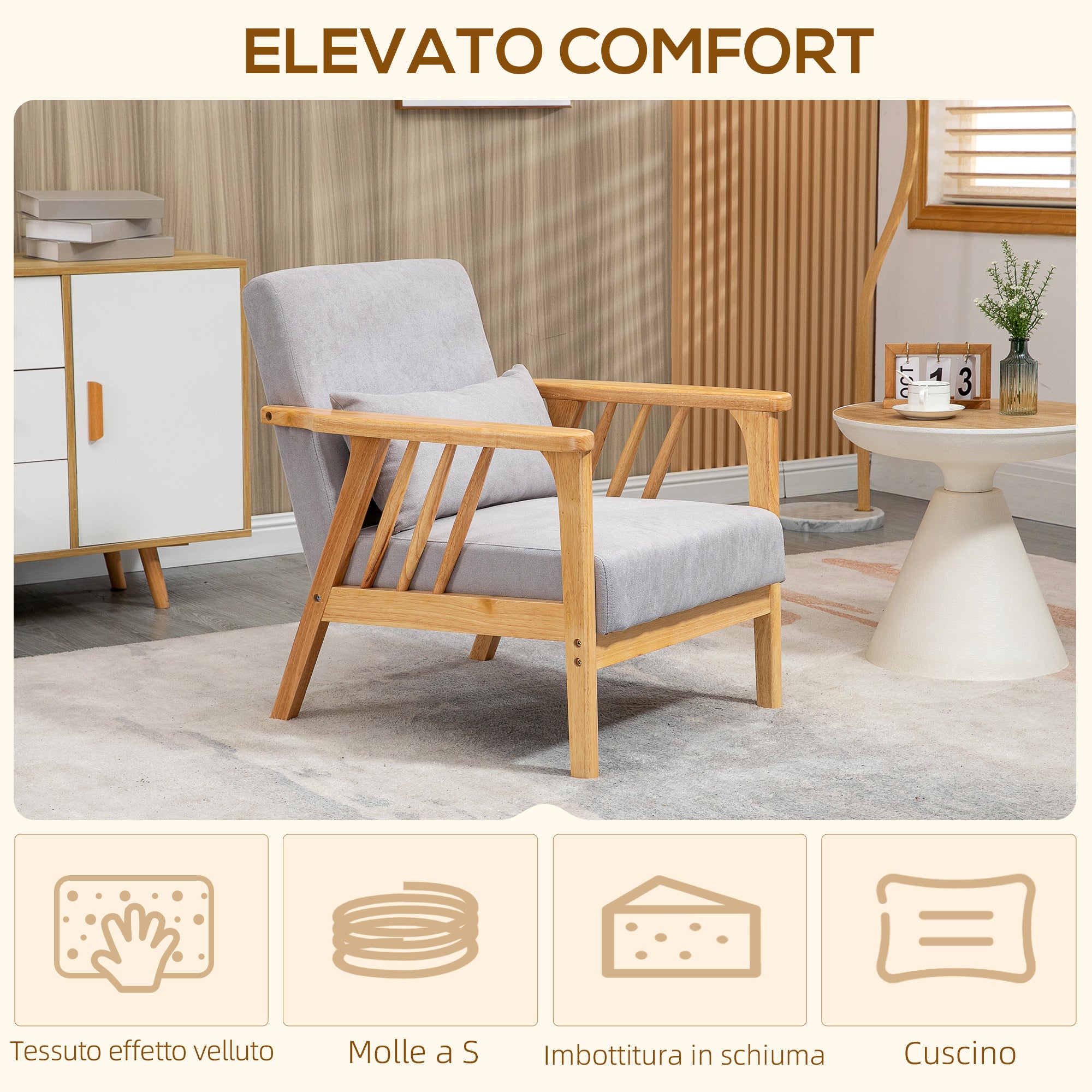 Modern Armchair with Velvet Upholstery and Wood Frame, Bedroom and Living Room Armchair with Extra Pillow, 68x75x78cm, Gray