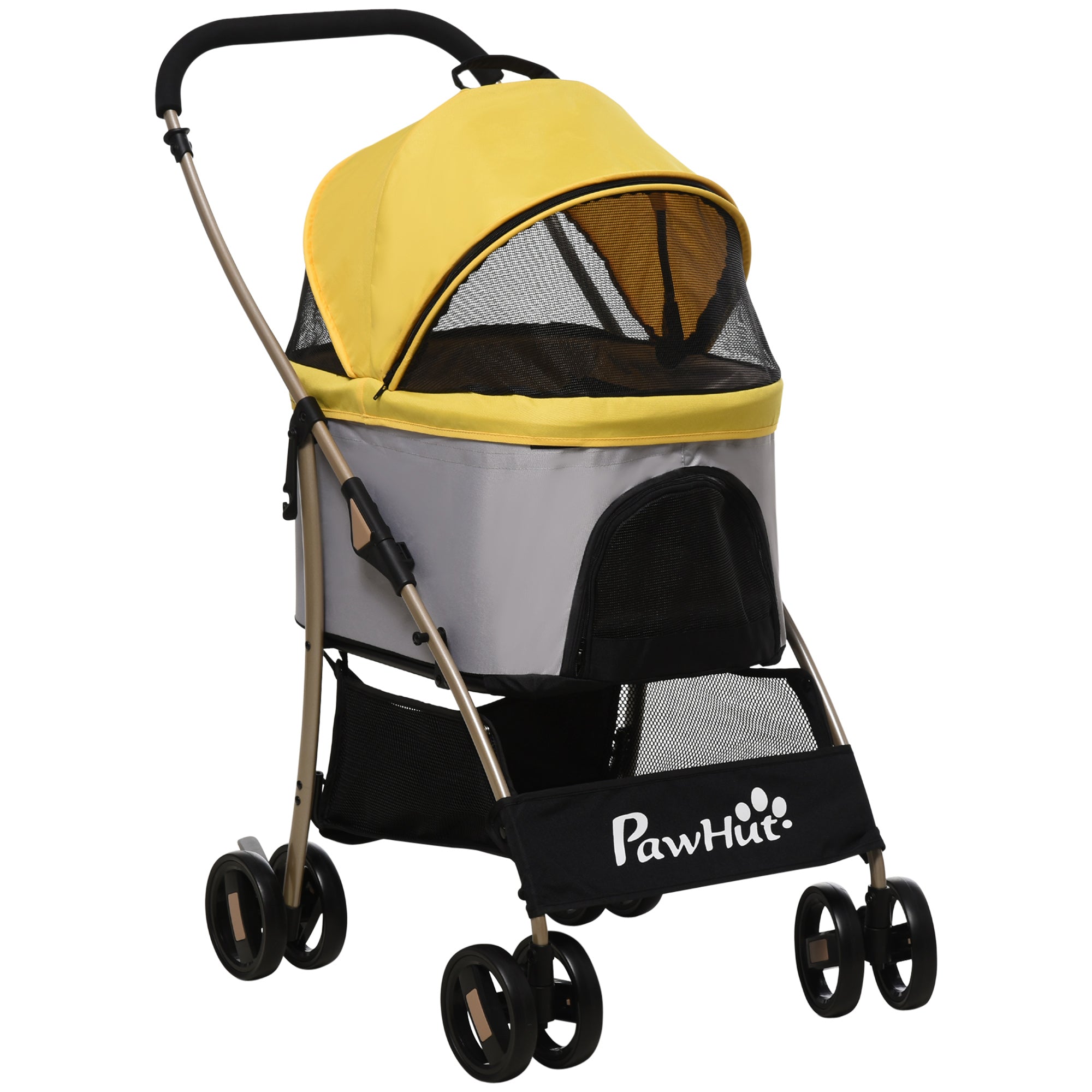 Dog Stroller, 2 in 1 Dog Trolley, Carry Bag, Foldable Dog Buggy with Cushion, Cat Stroller for Small Dogs, Cats, Cat Buggy with 4 Wheels, Mesh Window, Oxford Fabric, Yellow