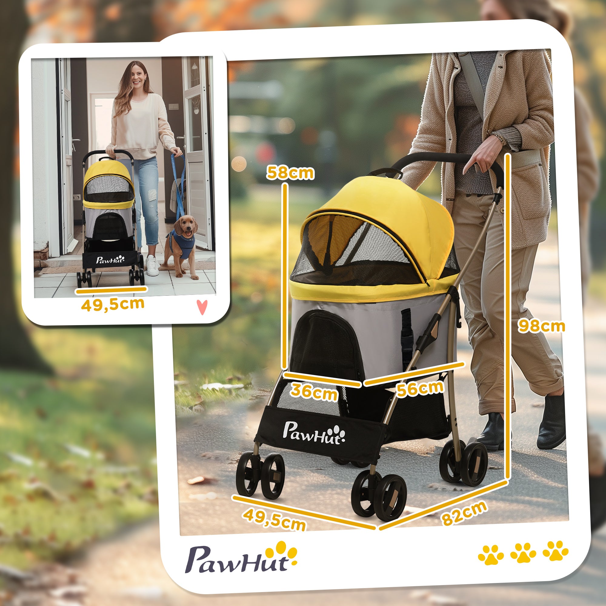 Dog Stroller, 2 in 1 Dog Trolley, Carry Bag, Foldable Dog Buggy with Cushion, Cat Stroller for Small Dogs, Cats, Cat Buggy with 4 Wheels, Mesh Window, Oxford Fabric, Yellow