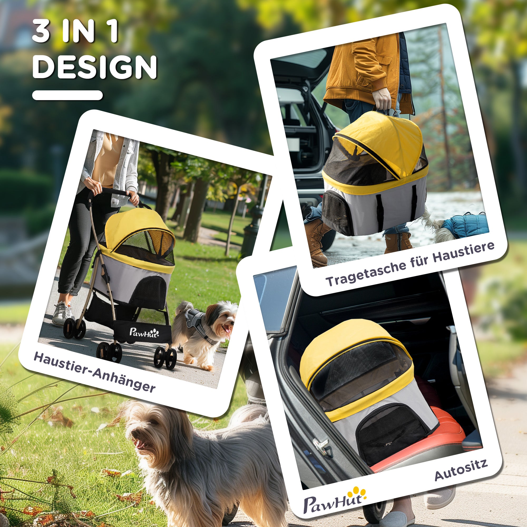 Dog Stroller, 2 in 1 Dog Trolley, Carry Bag, Foldable Dog Buggy with Cushion, Cat Stroller for Small Dogs, Cats, Cat Buggy with 4 Wheels, Mesh Window, Oxford Fabric, Yellow