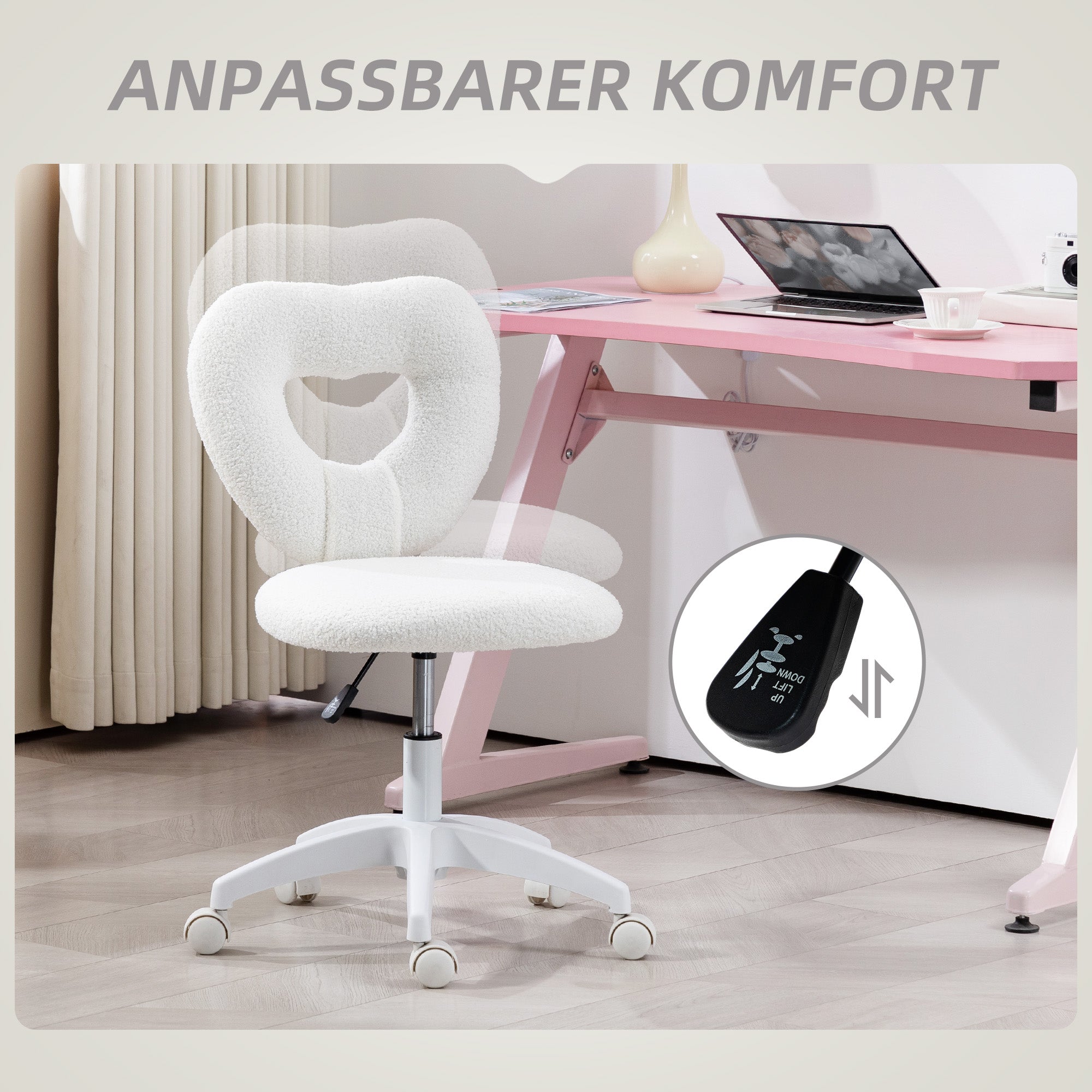 Desk Chair Office Chair Swivel Home Office Chair with Heart-shaped Backrest, Height Adjustable Teddy Fleece Vanity Chair for Study Room, White