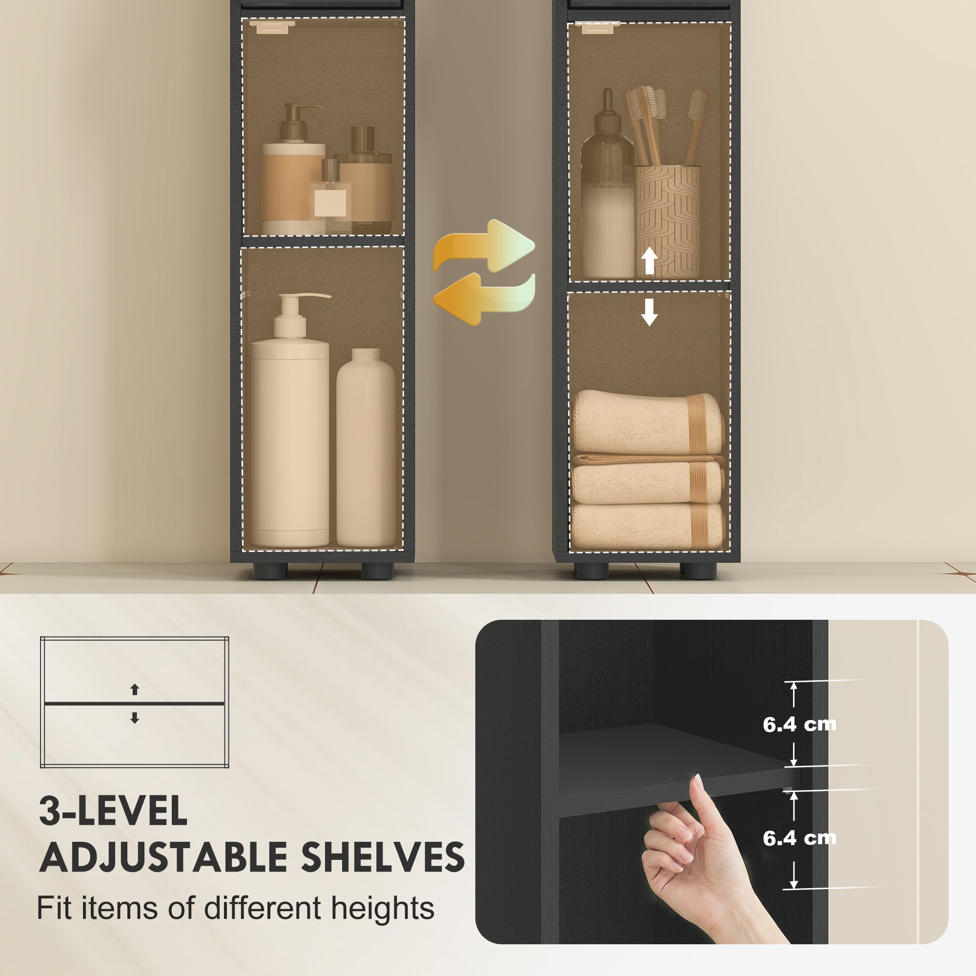 Slim Bathroom Cabinet, Tall Toilet Cupboard with Drawer and 4 Open Shelves, Space-Saving Bathroom & Living Room Storage, 8 x 8 x 71 in (20 x 20 x 180 cm), Black