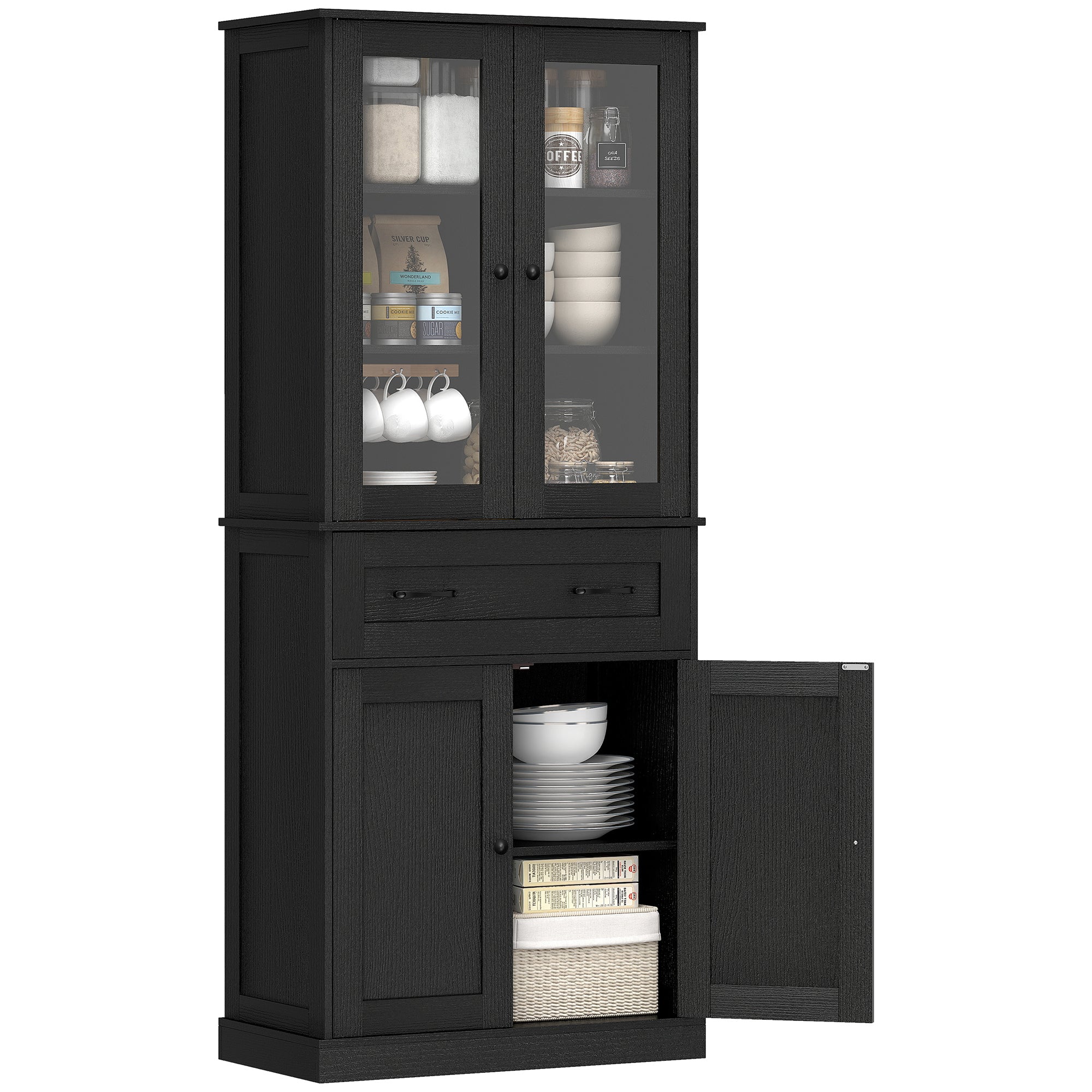 Tall Kitchen Cabinet Buffet with 2 Compartments, Acrylic Doors, Adjustable Shelf and Drawer, Pantry Cabinet for Kitchen/Living/Dining, Black, 76 x 40 x 182.5 cm (30 x 15.7 x 71.9 in)