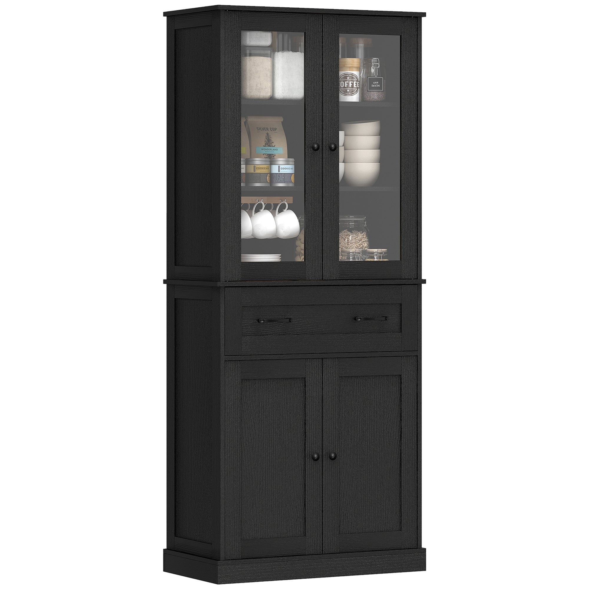 Tall Kitchen Cabinet Buffet with 2 Compartments, Acrylic Doors, Adjustable Shelf and Drawer, Pantry Cabinet for Kitchen/Living/Dining, Black, 76 x 40 x 182.5 cm (30 x 15.7 x 71.9 in)