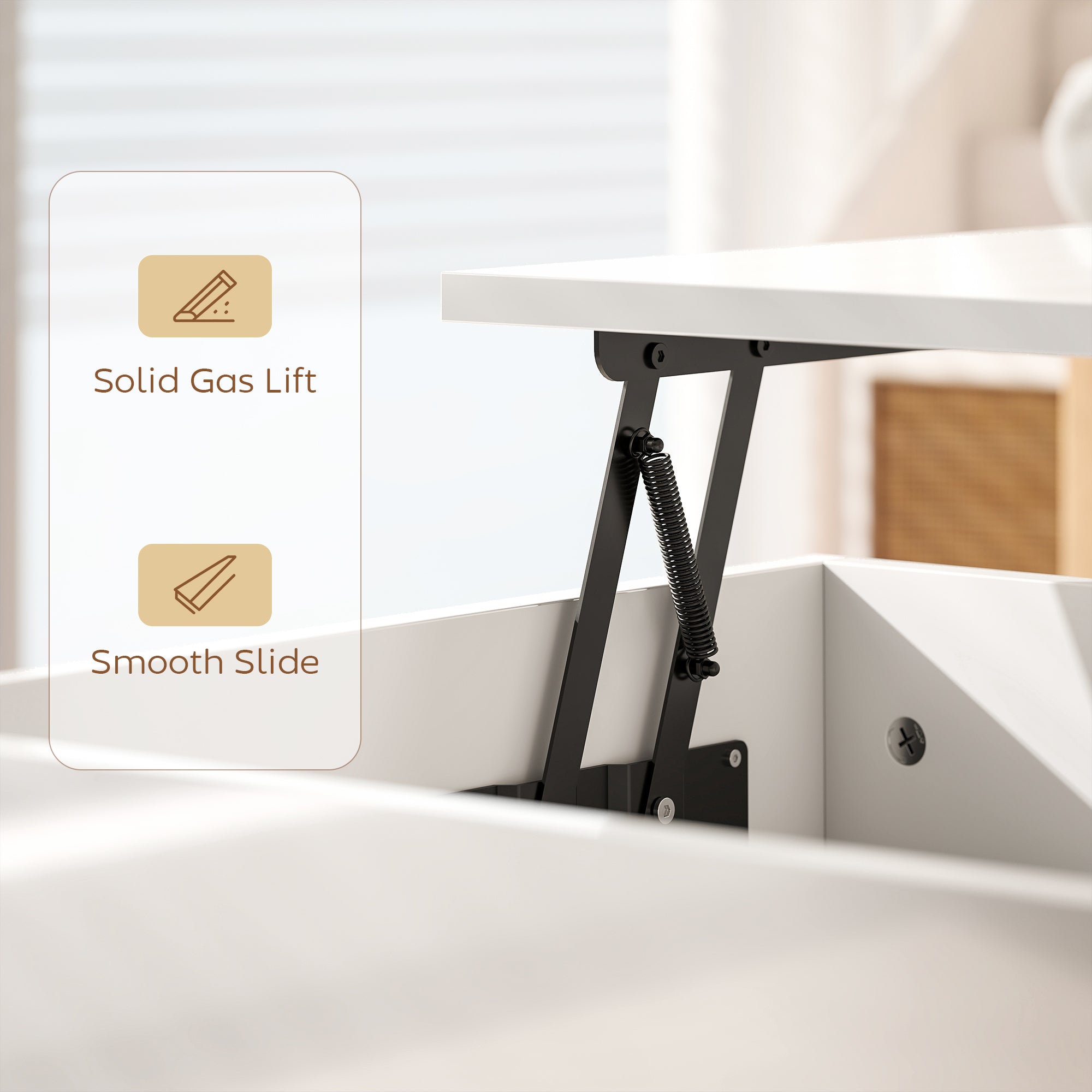 Height-Adjustable Coffee Table with Lift-Top, 2 Drawers & Hidden Compartment — High-Gloss White