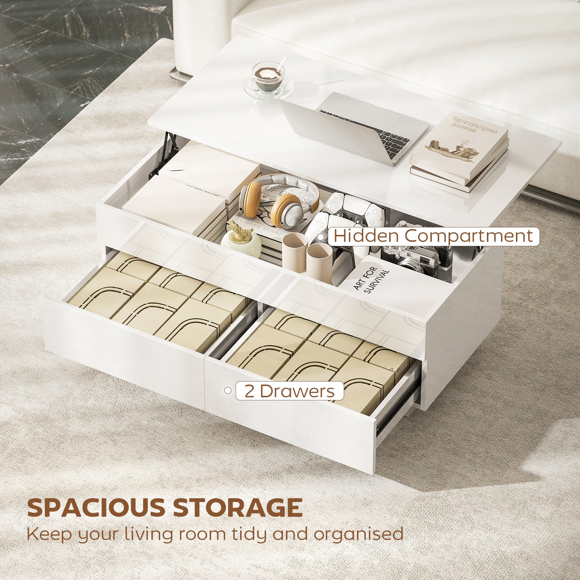 Height-Adjustable Coffee Table with Lift-Top, 2 Drawers & Hidden Compartment — High-Gloss White