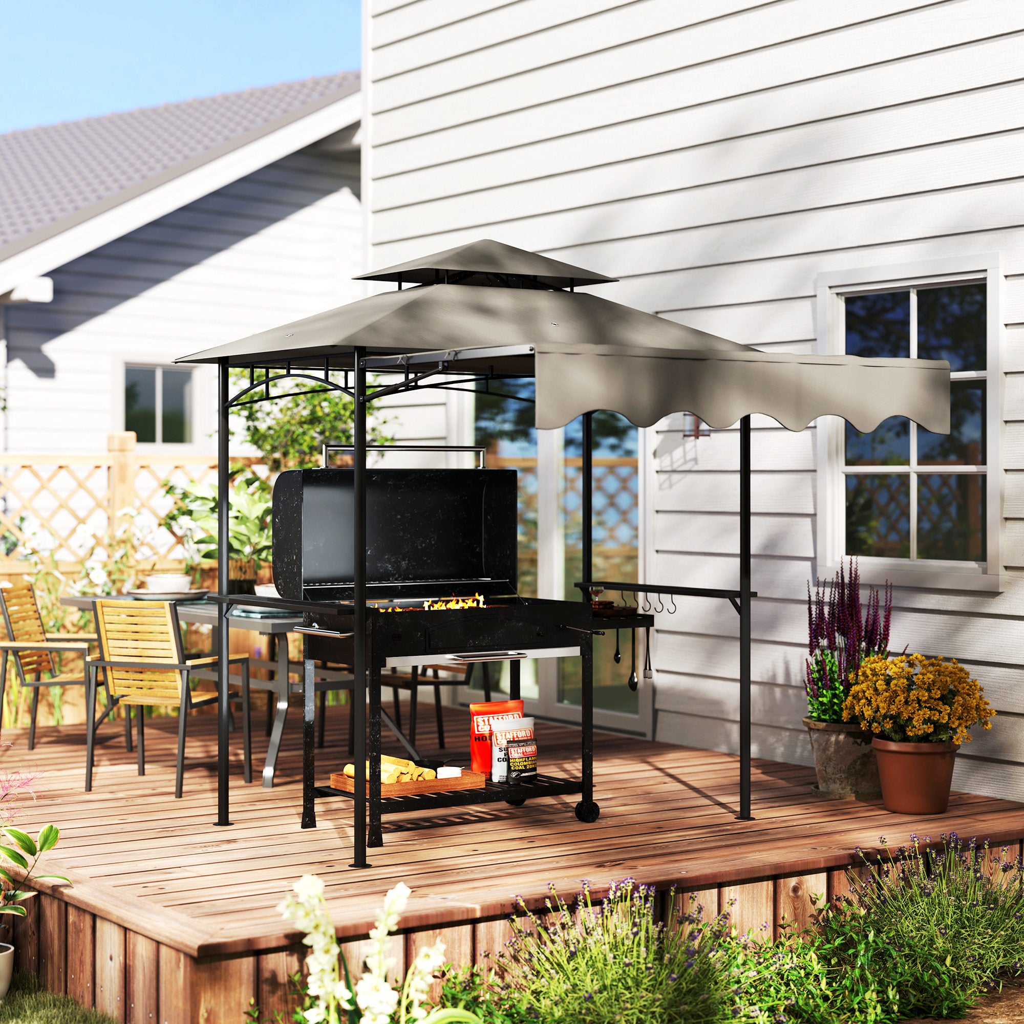 BBQ Gazebo 242 x 149 x 248 cm (95.3" x 58.7" x 97.6") — Water-Resistant, Flame-Retardant Double-Layer Roof, Side Shelves, UV30+, Gray