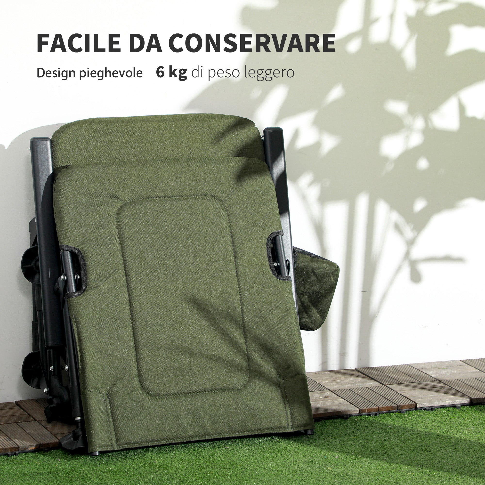 Folding Fishing Chair with Reclining Backrest and Removable Footrest, Camping Chair in Polyester and Steel, 140 x 81 x 63 cm, Black and Dark Green