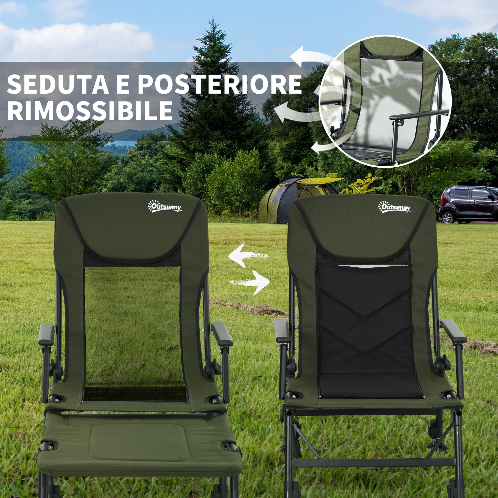 Folding Fishing Chair with Reclining Backrest and Removable Footrest, Camping Chair in Polyester and Steel, 140 x 81 x 63 cm, Black and Dark Green
