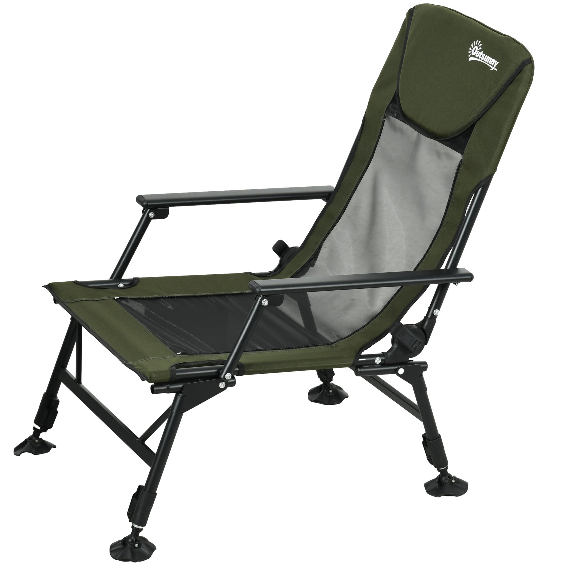 Folding Fishing Chair with Reclining Backrest and Removable Footrest, Camping Chair in Polyester and Steel, 140 x 81 x 63 cm, Black and Dark Green