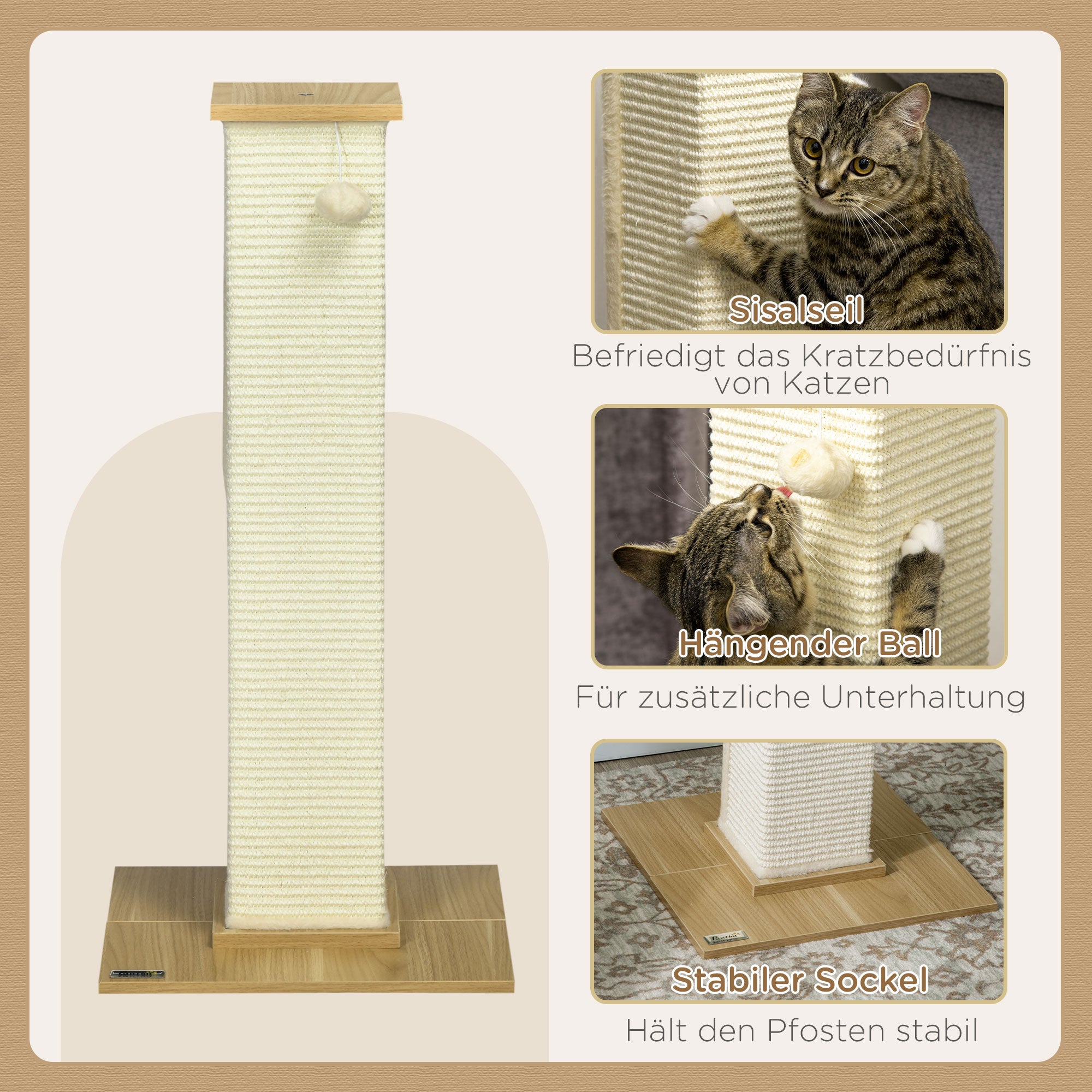 Scratching Post, 80 cm, Scratching Post for Cats with Play Ball, Sisal Rope Scratching Post, Cat Scratcher with Scratching Board, Cat Furniture, Oak+Cream White
